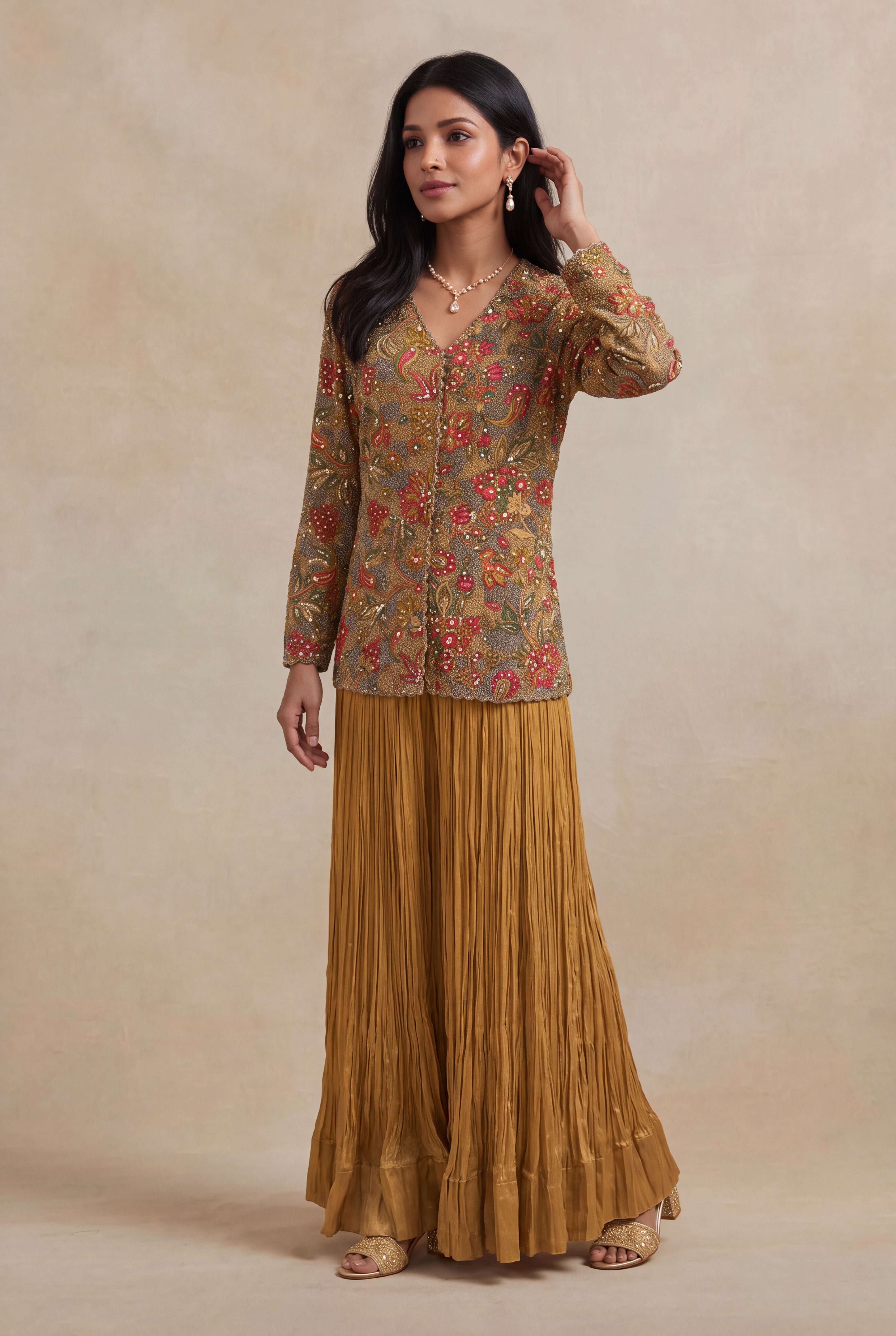 Mustard Yellow Printed Co-ord Set with Metallic Thread Embroidery