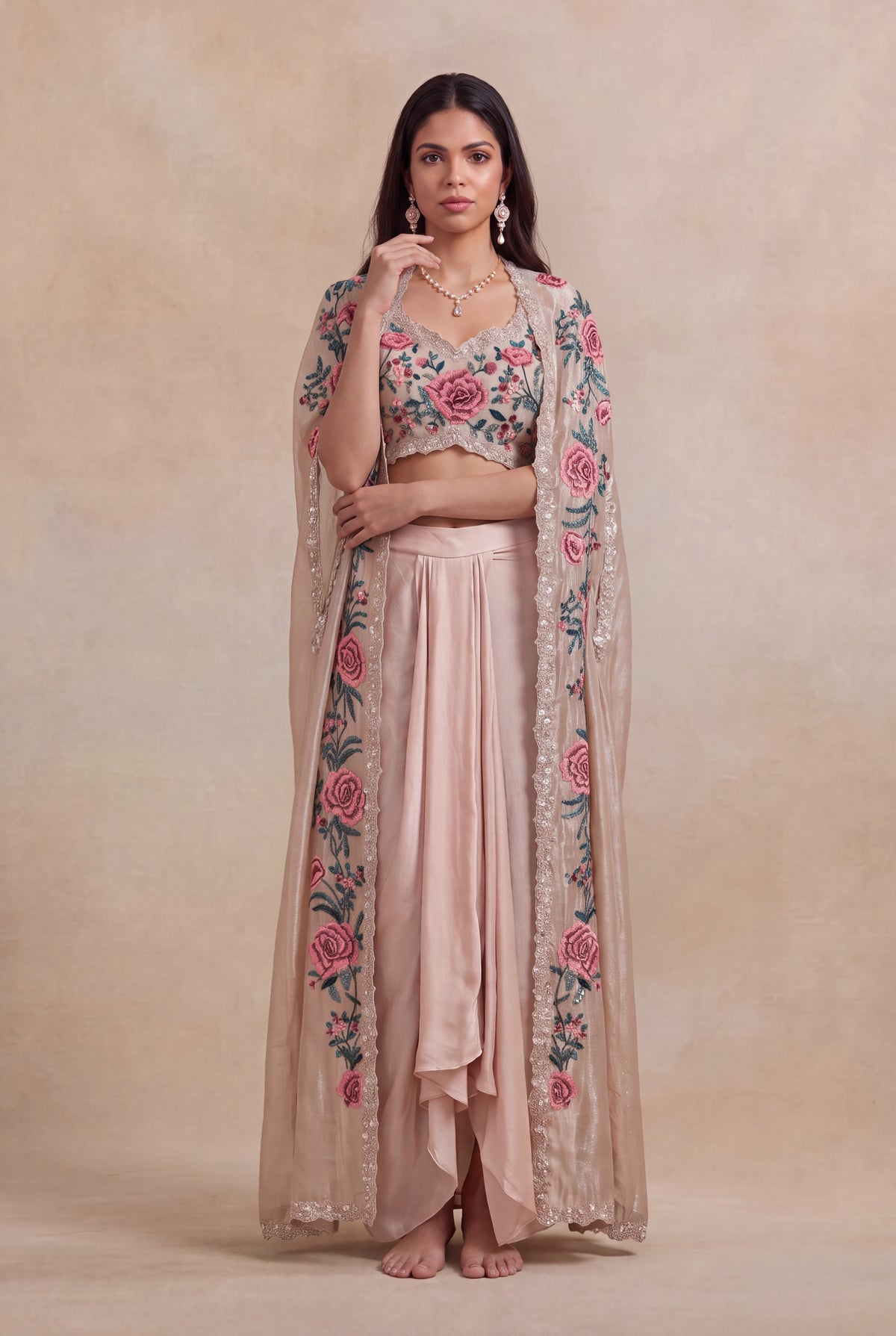 Blush Satin Floral Embroidered Indo-Western Cape Set