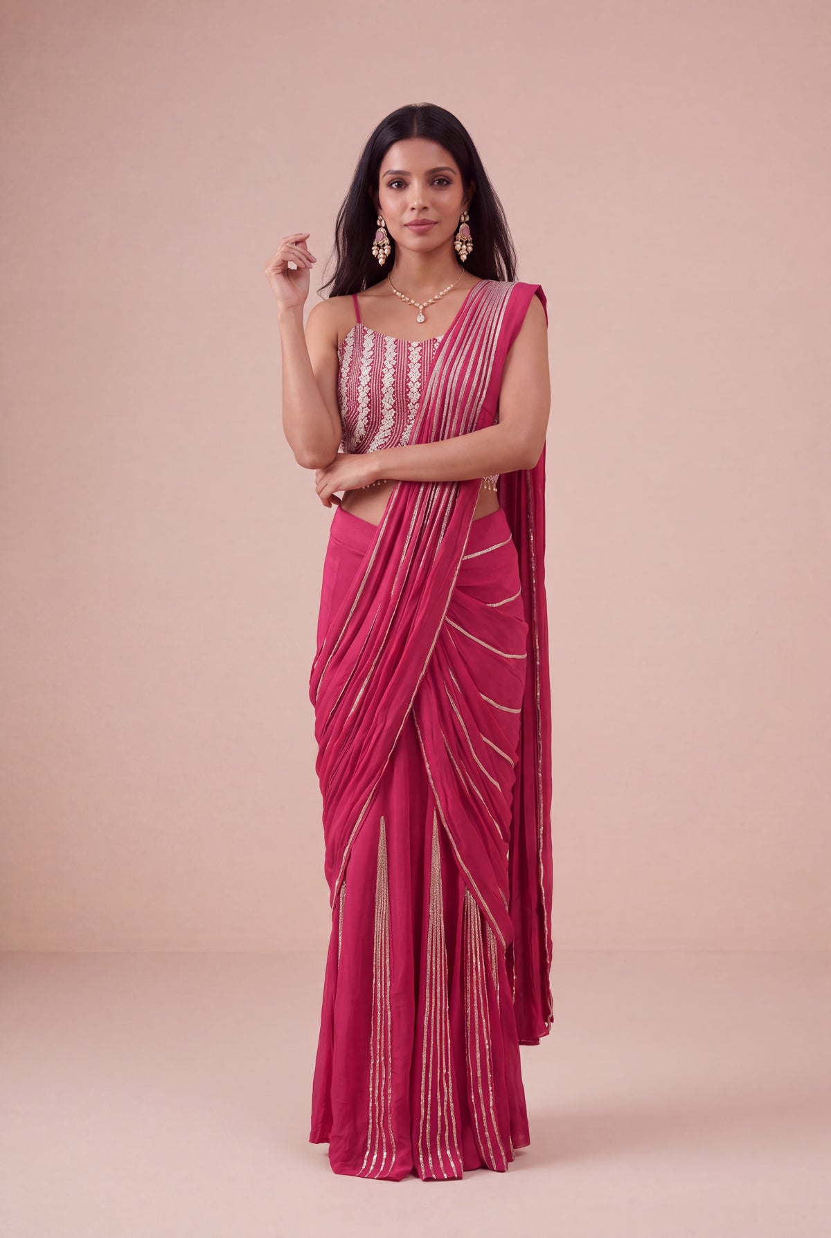 Rani Pink Chinon Crepe Draped Saree