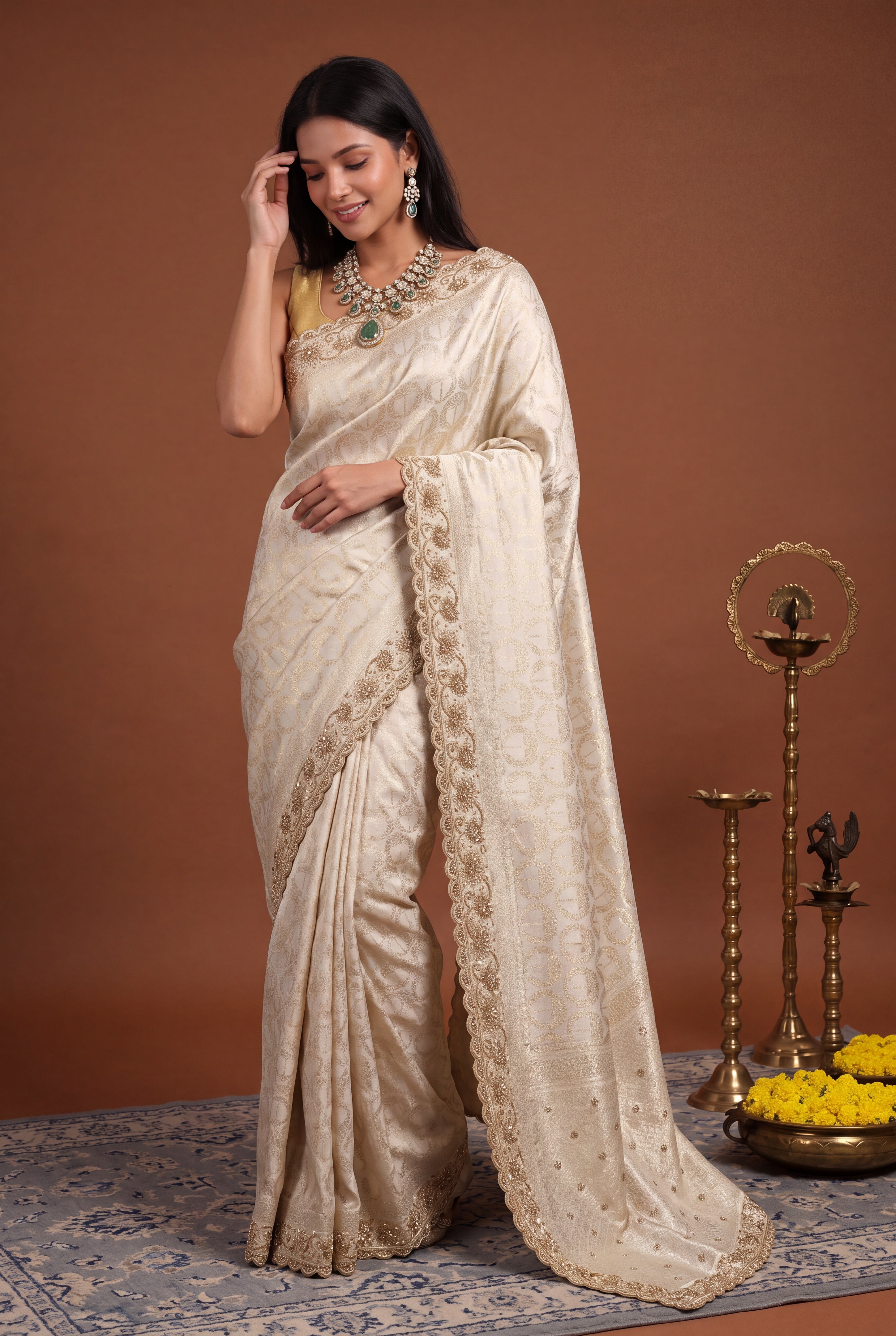 Ivory Banarasi Silk Saree with Antique Zari Work