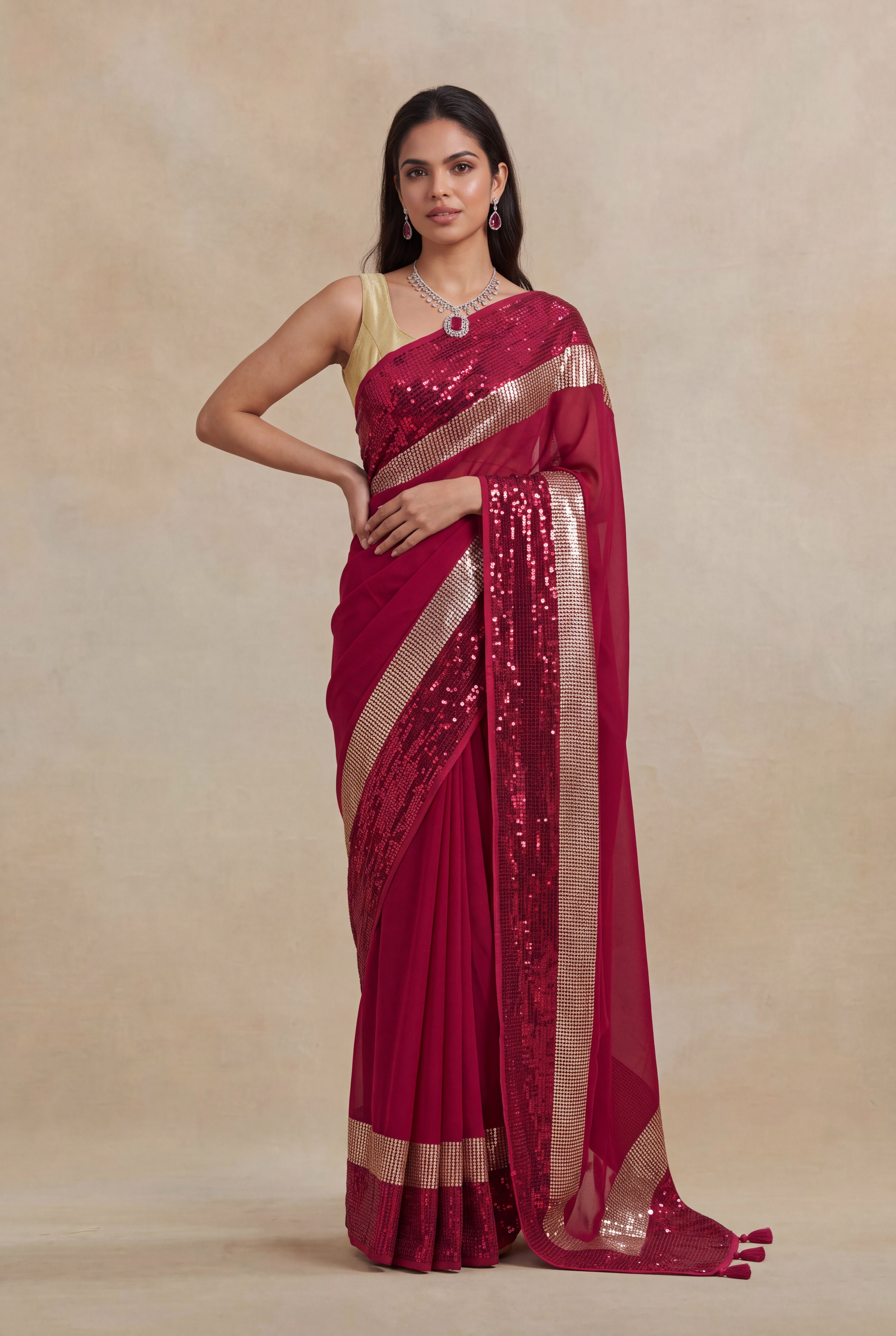 Red Georgette Saree with Sequins Border