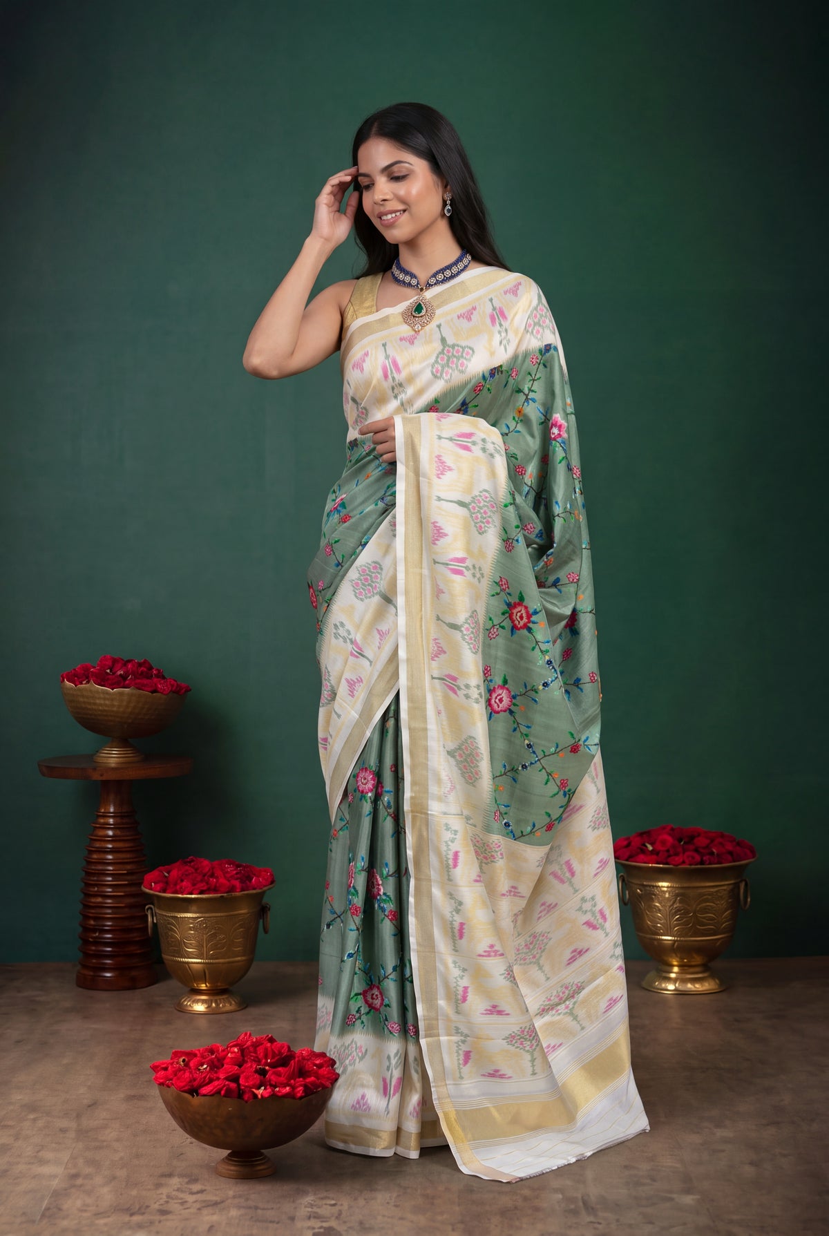 Sage Green Twill Silk Patola Saree