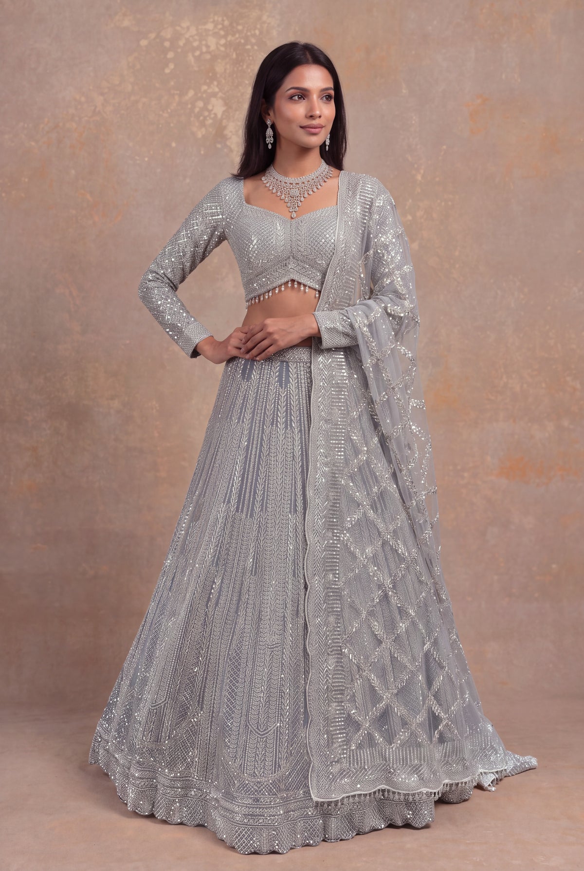 Ice Blue Net Sequin & Stone Embellished Lehenga Set