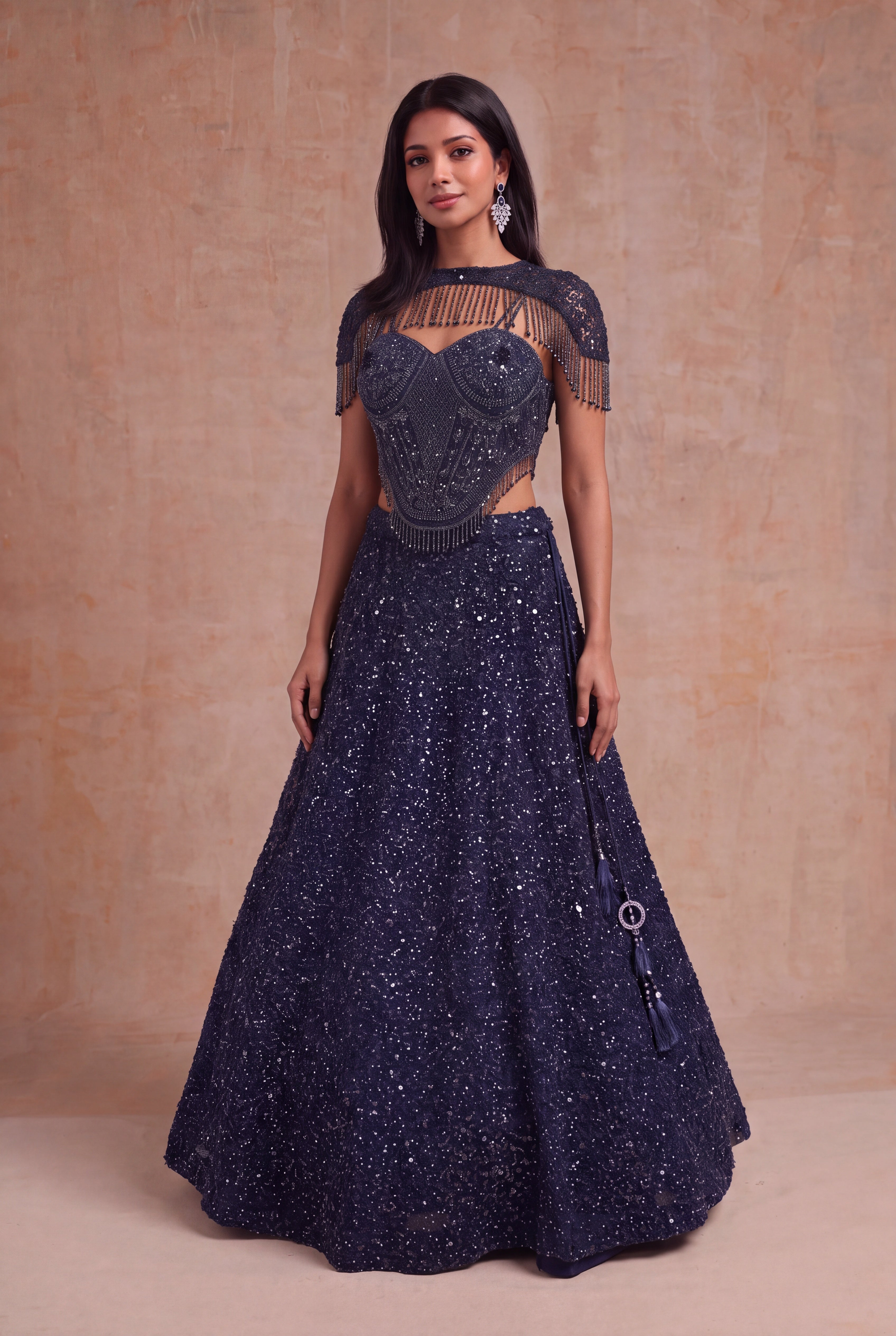 Navy Blue Indo-Western Net Lehenga