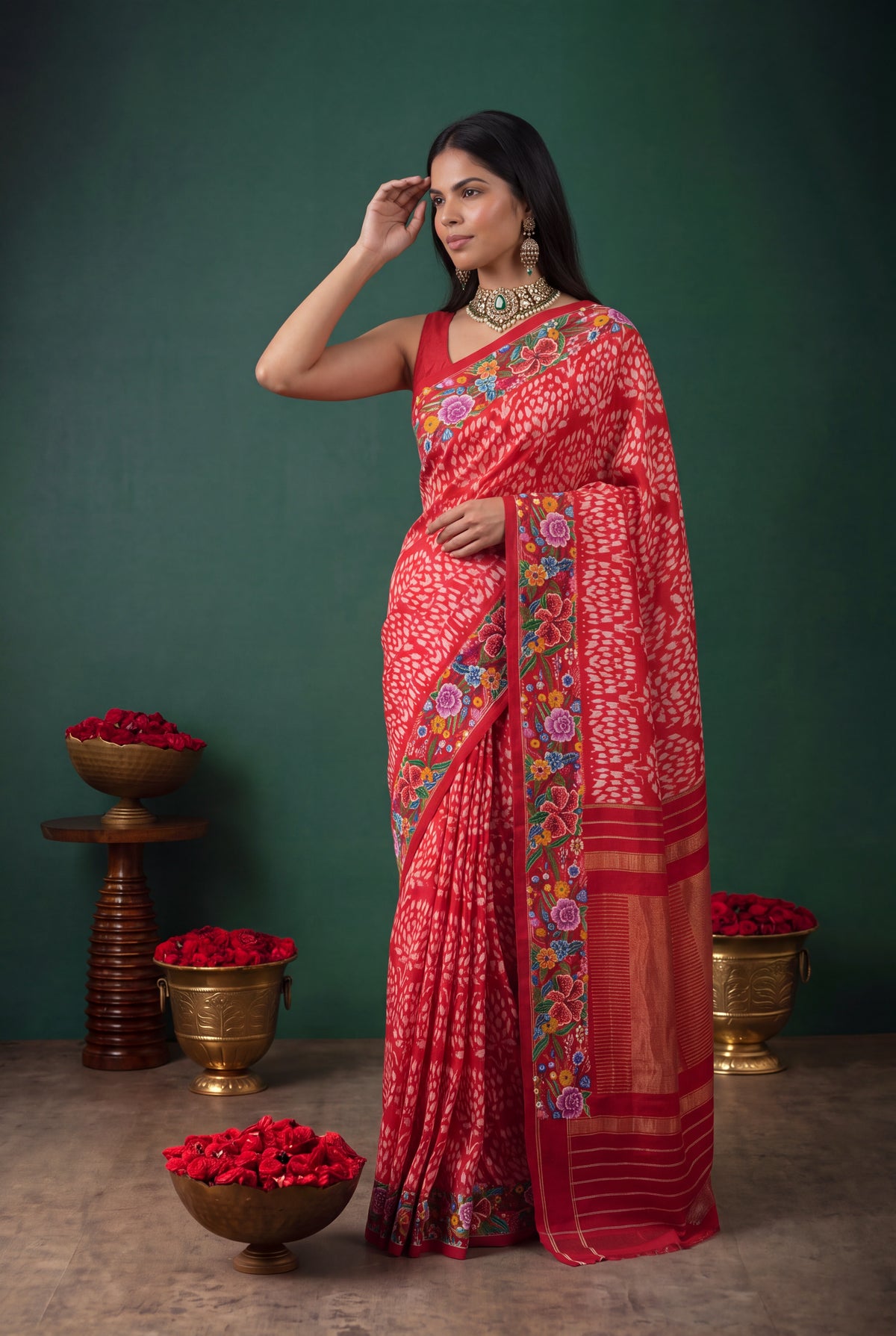 Red Ikat Silk Saree with Petit Point Border