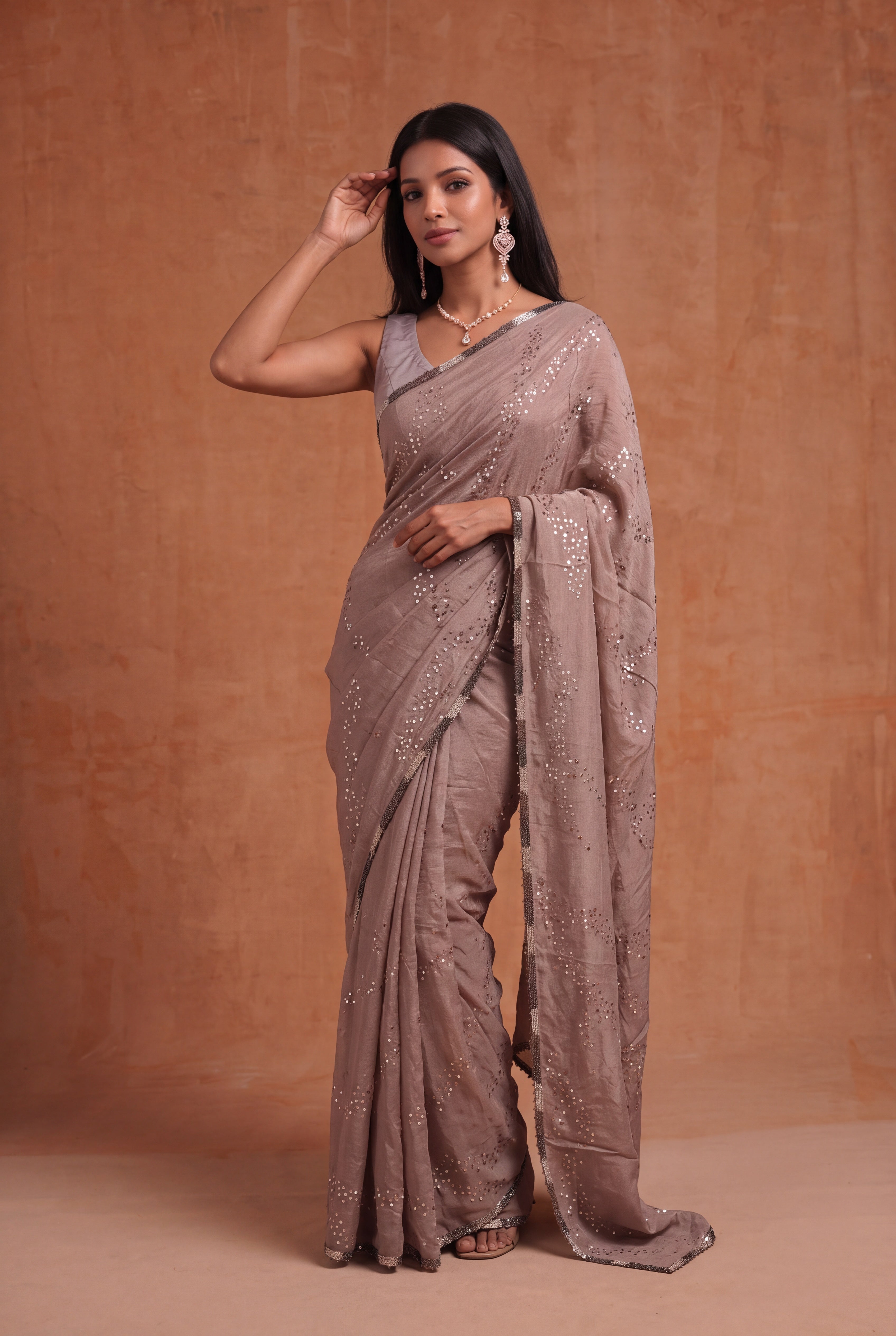 Brown Crush Crepe Saree with Sequin Work