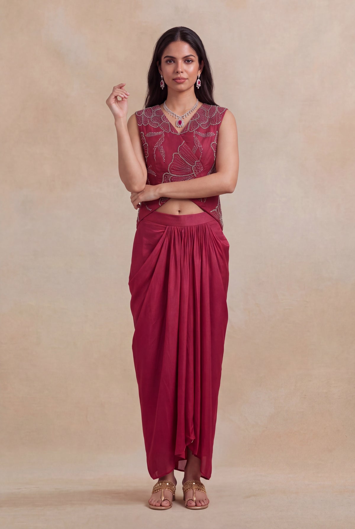 Wine Indo-Western Crop Top & Drape Skirt