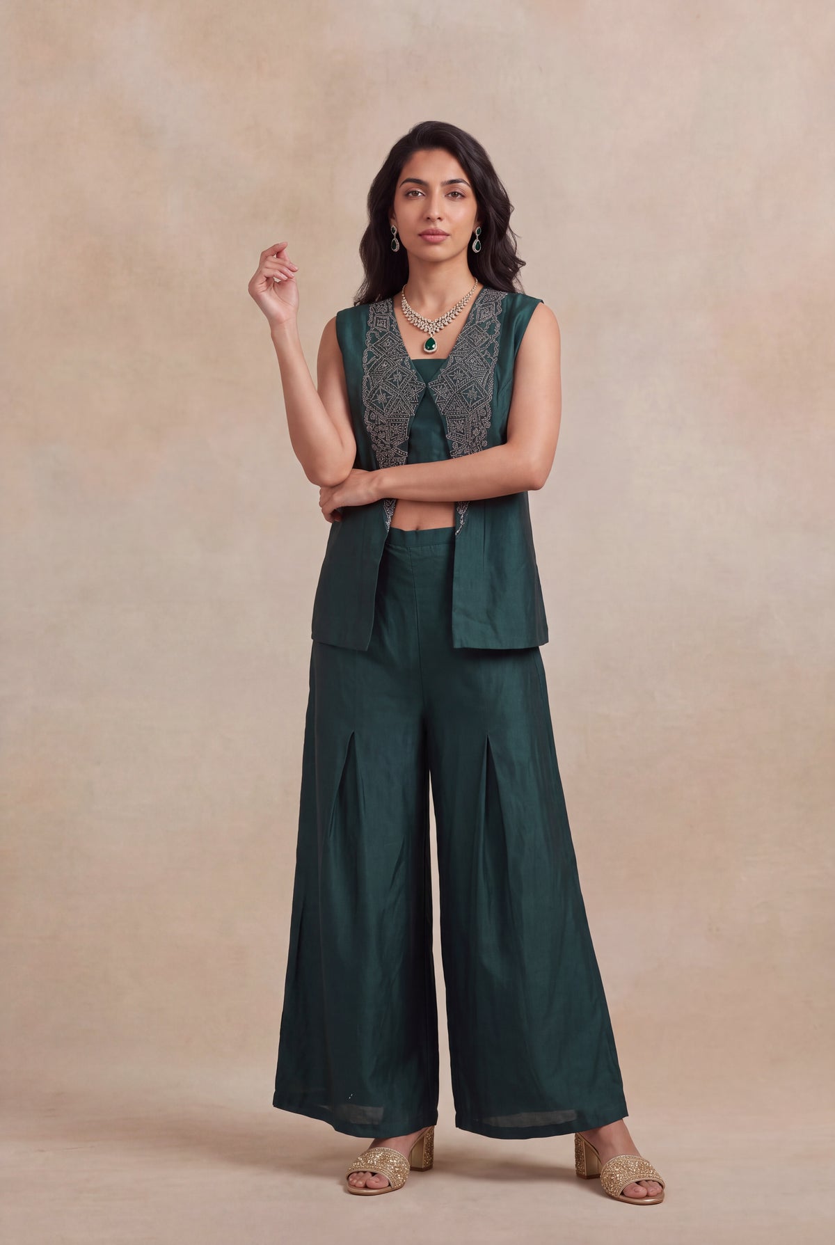 Emerald Green Silk Indo-Western Three-Piece Set
