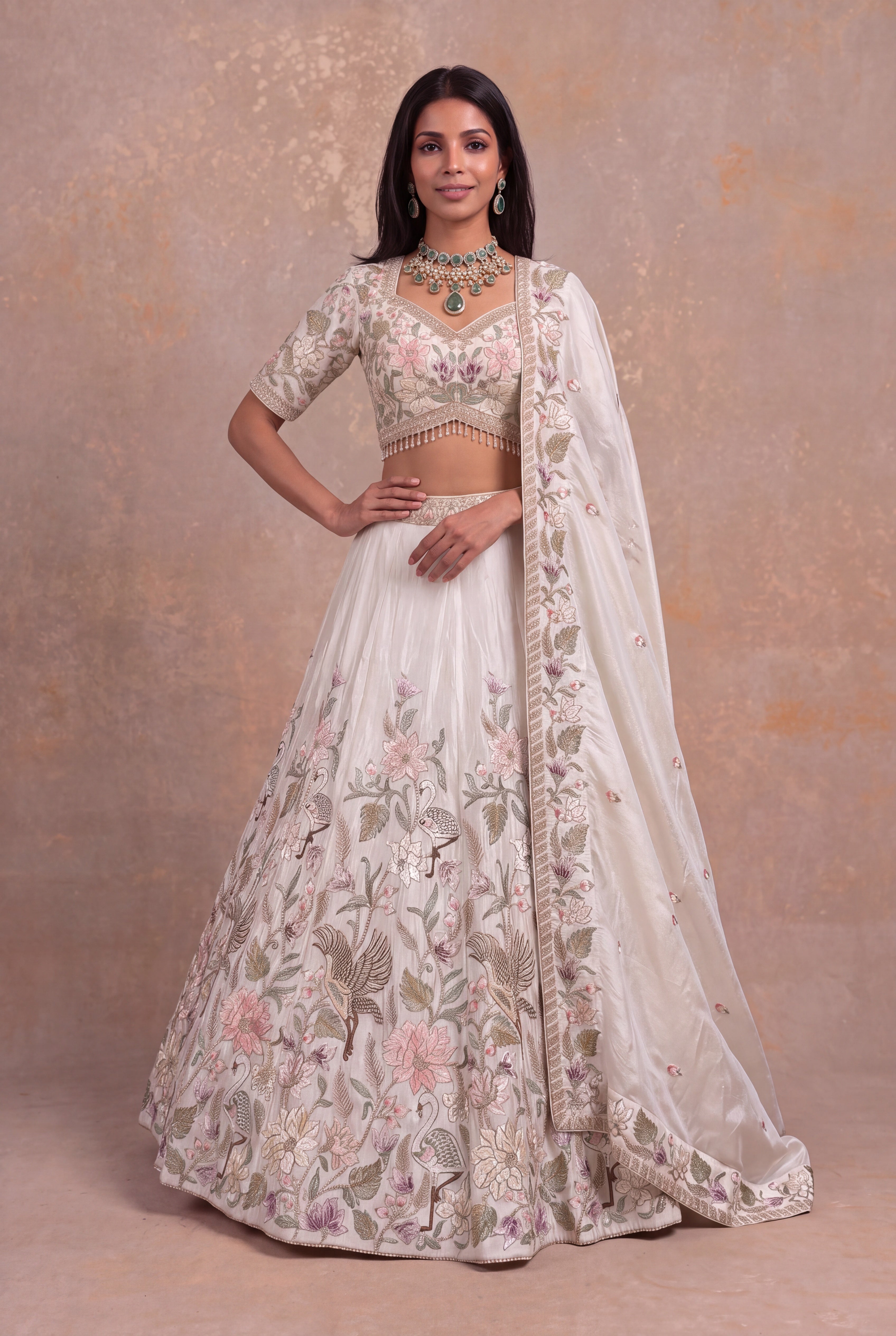 Grey Tissue Lehenga with Bird & Floral Thread Embroidery