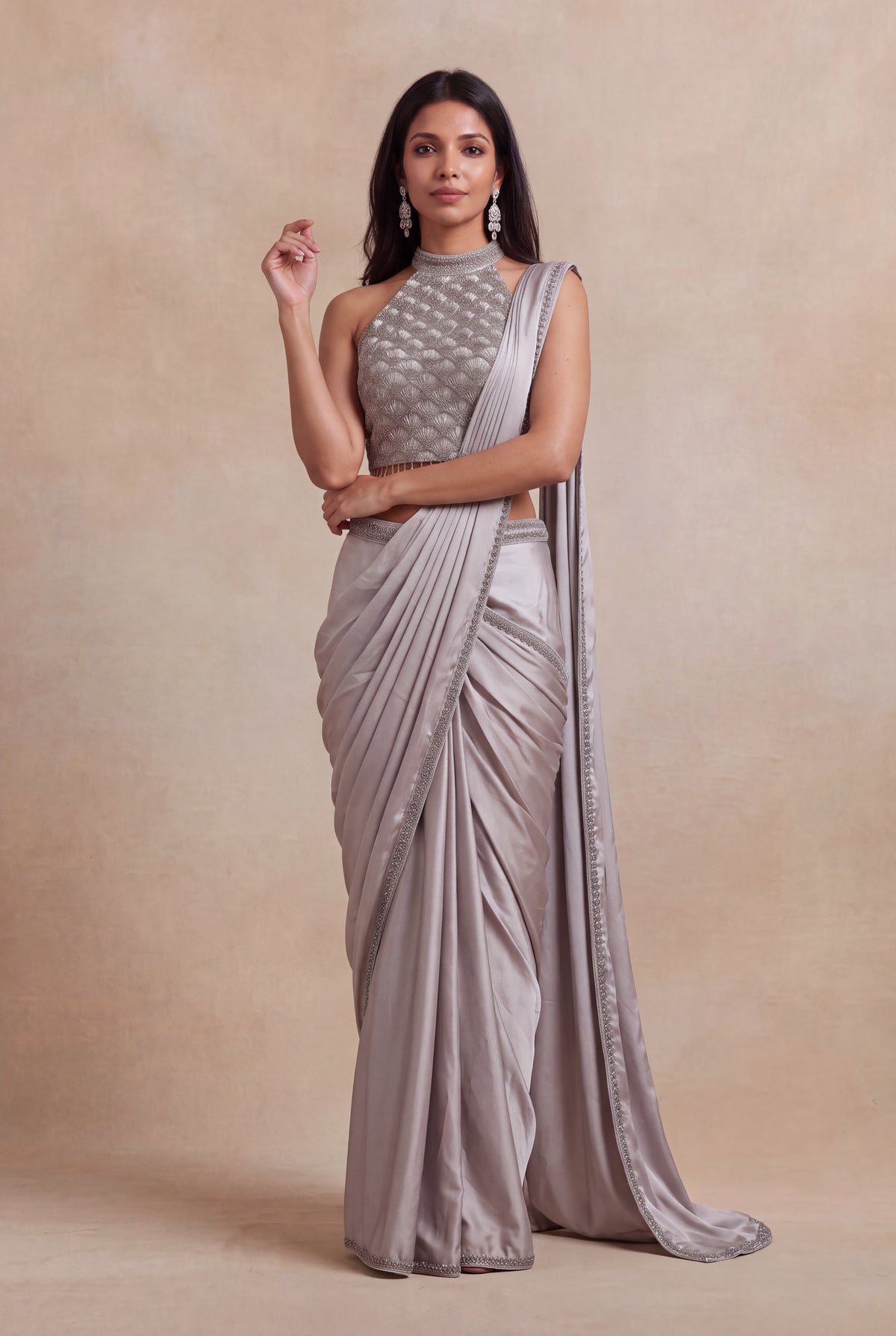 Silver Grey Satin Silk Ready-to-Wear Saree with Embellished Blouse