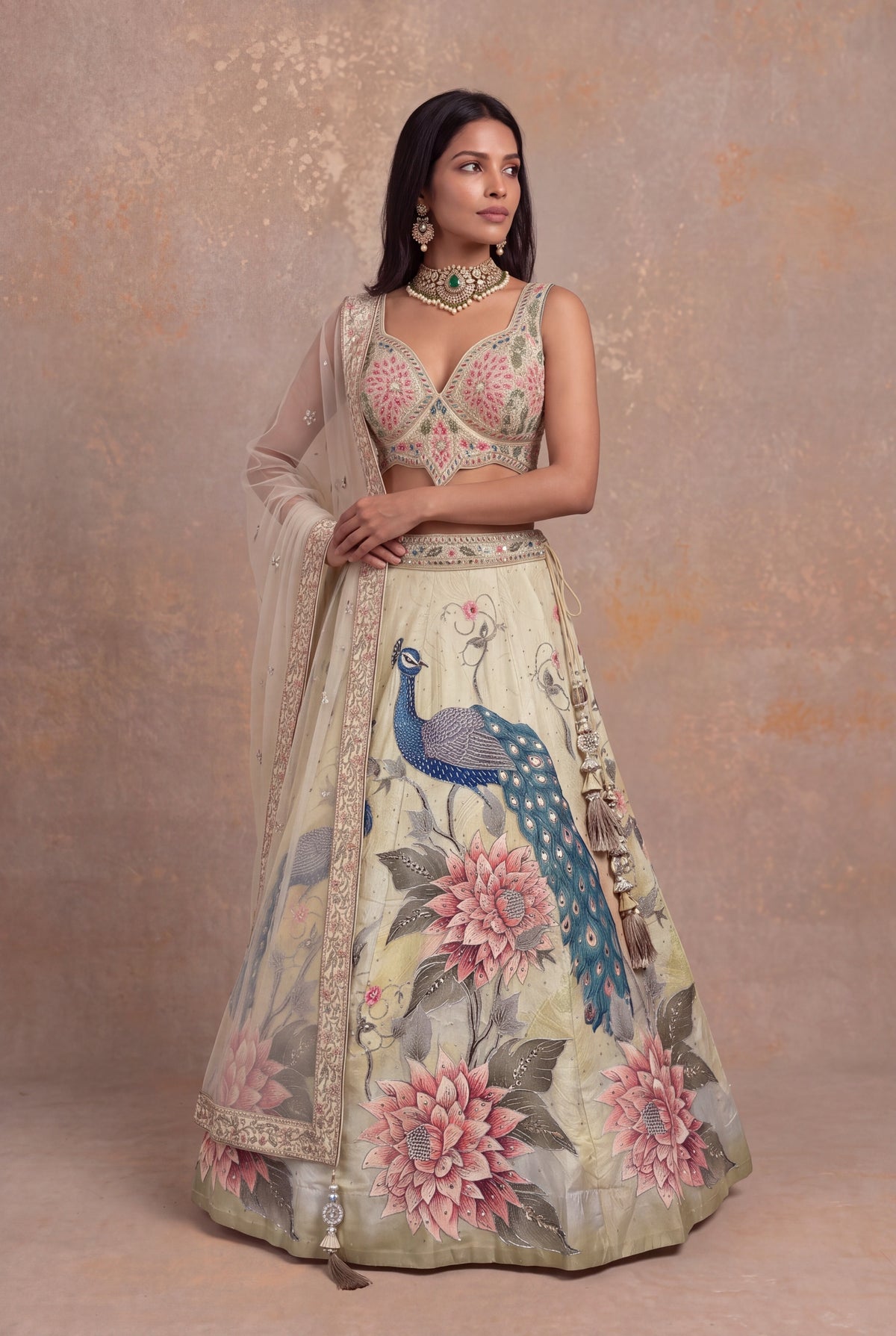 Pista Green Peacock & Floral Silk Lehenga