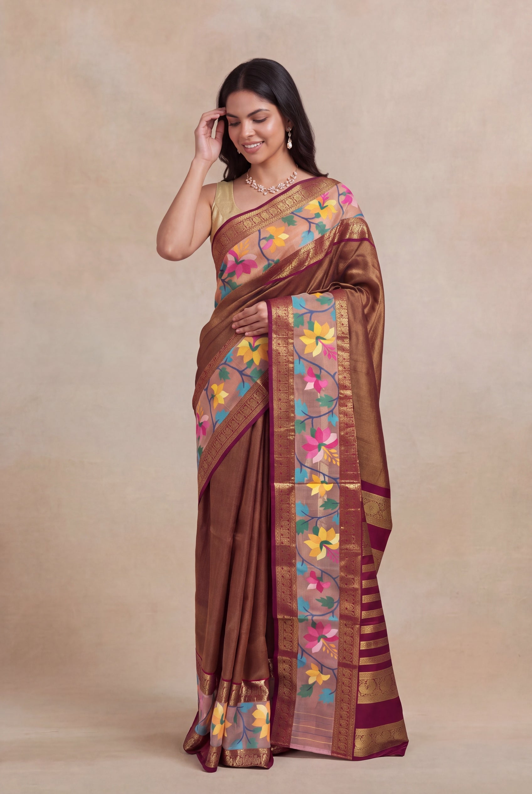 Maroon Kanchivaram Silk Fusion Saree