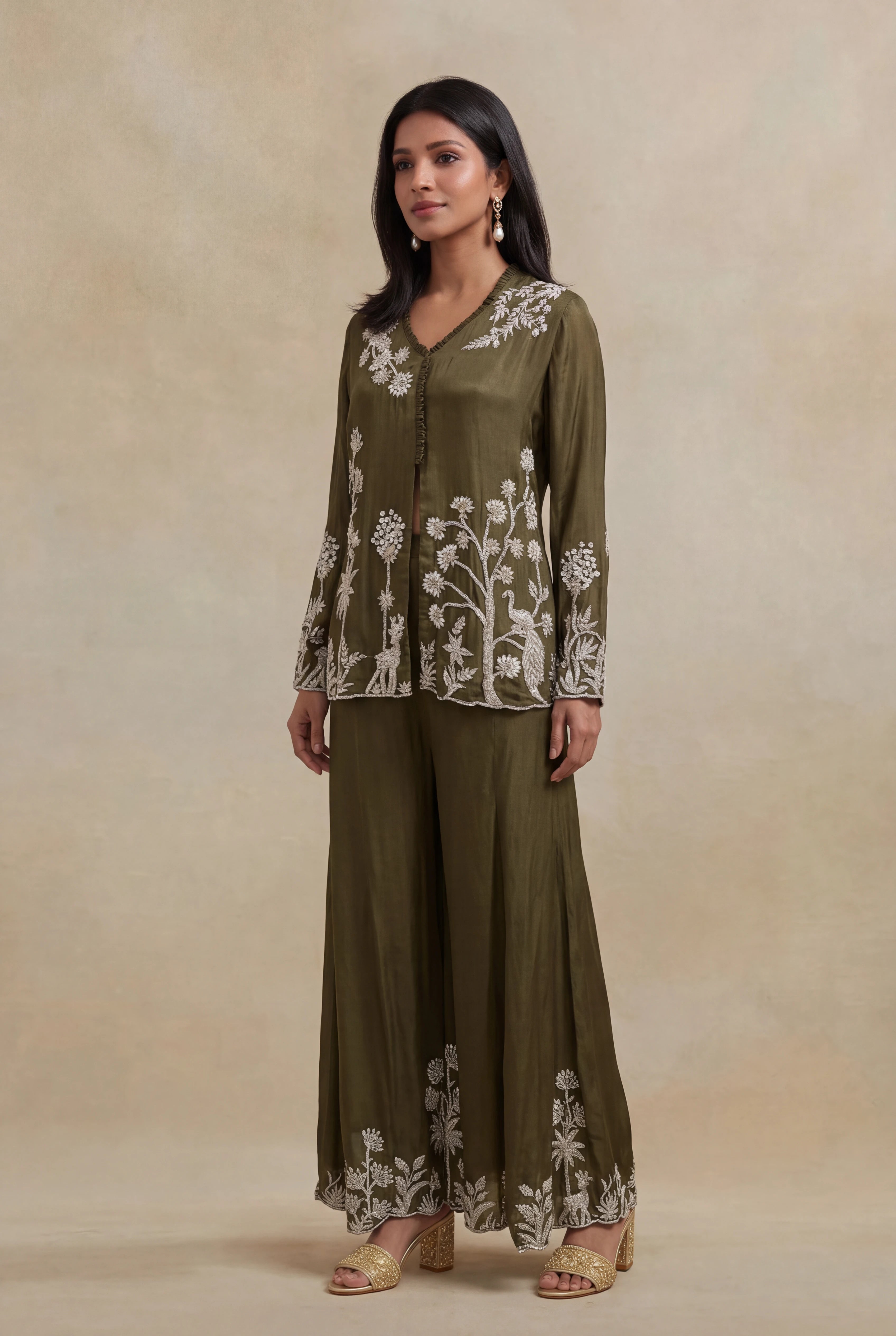 Olive Green Chinon Indo-Western Co-Ord Set