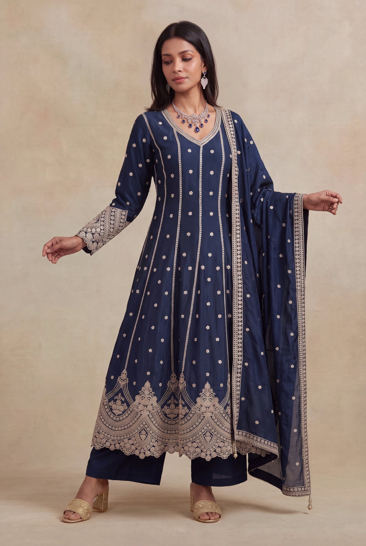 Navy Blue Raw Silk Anarkali Set