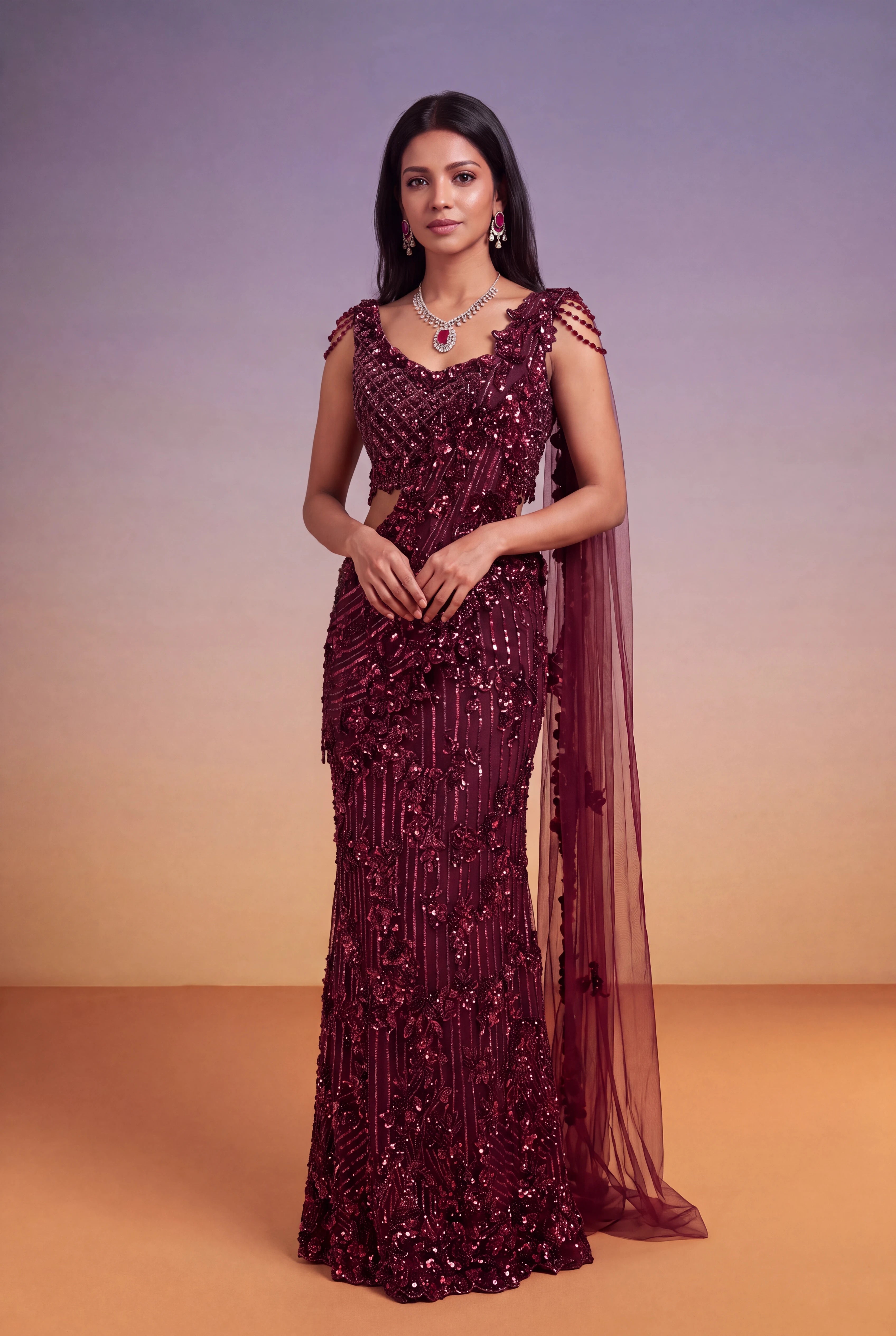 Wine Net Fish-Cut Indo-Western Drape Saree