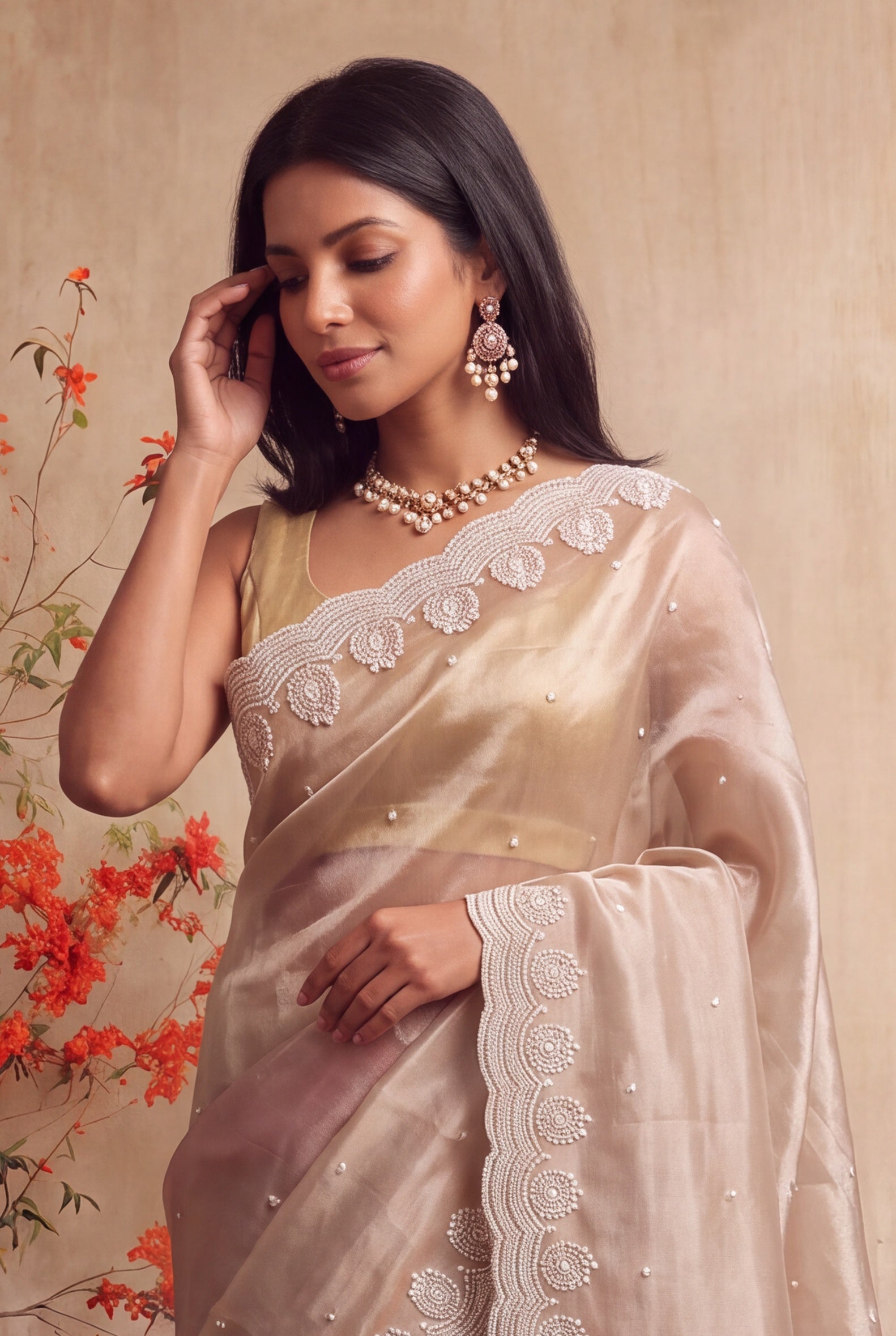 Shaded Glass Tissue Saree with Pearl Scallop Border