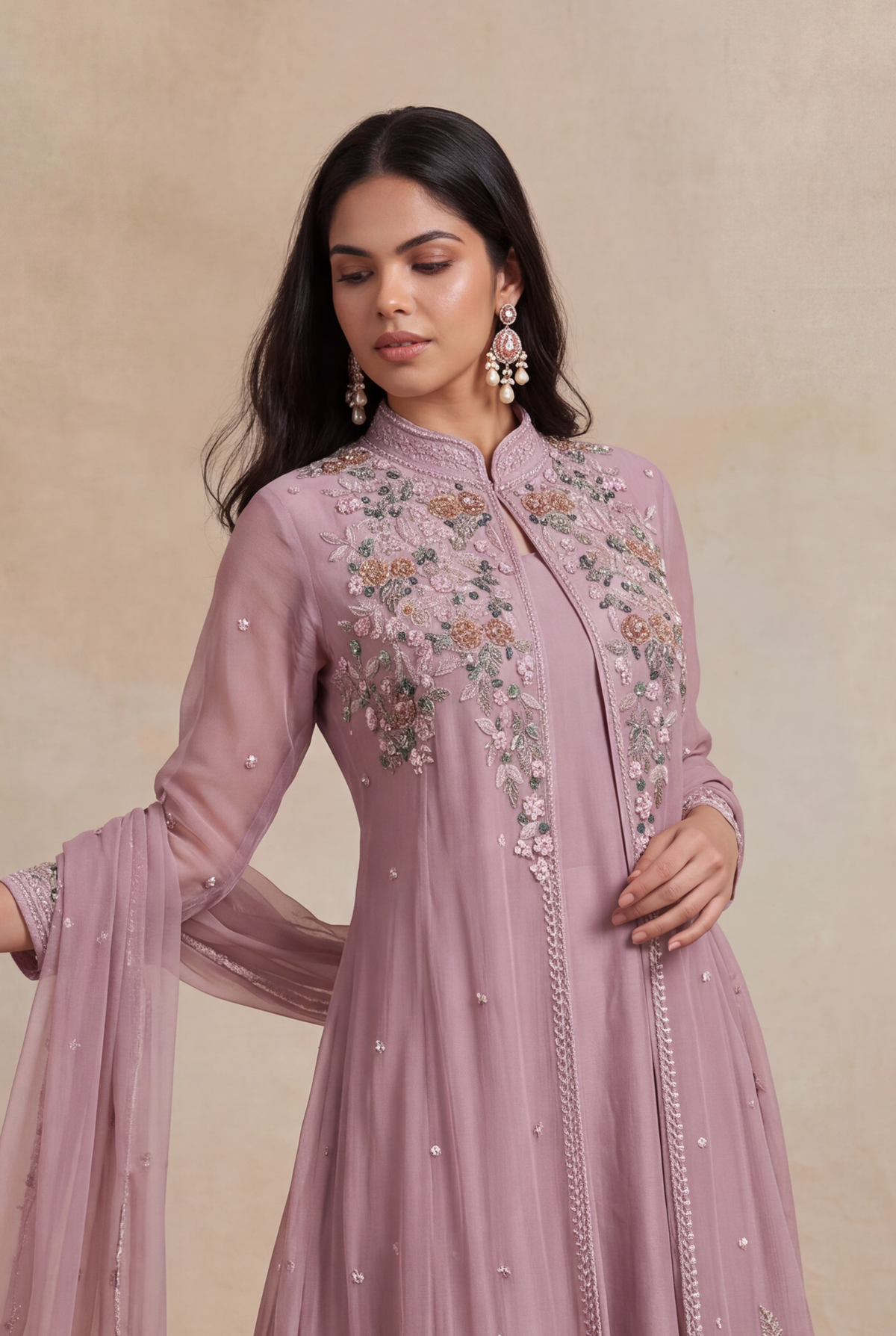 Dusty Pink Crepe Indo-Western Sharara Set