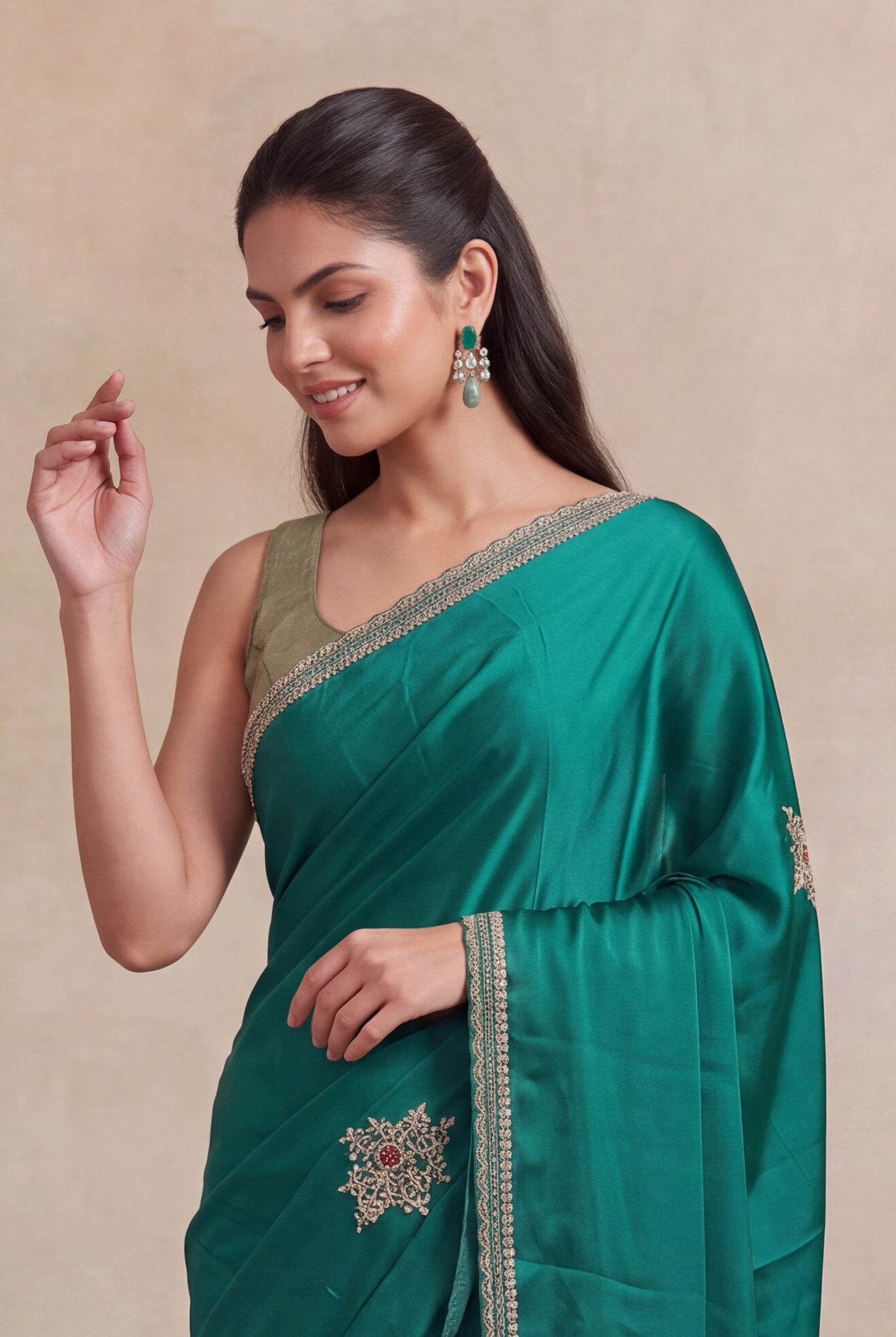 Emerald Green Satin Zardozi Butta Saree