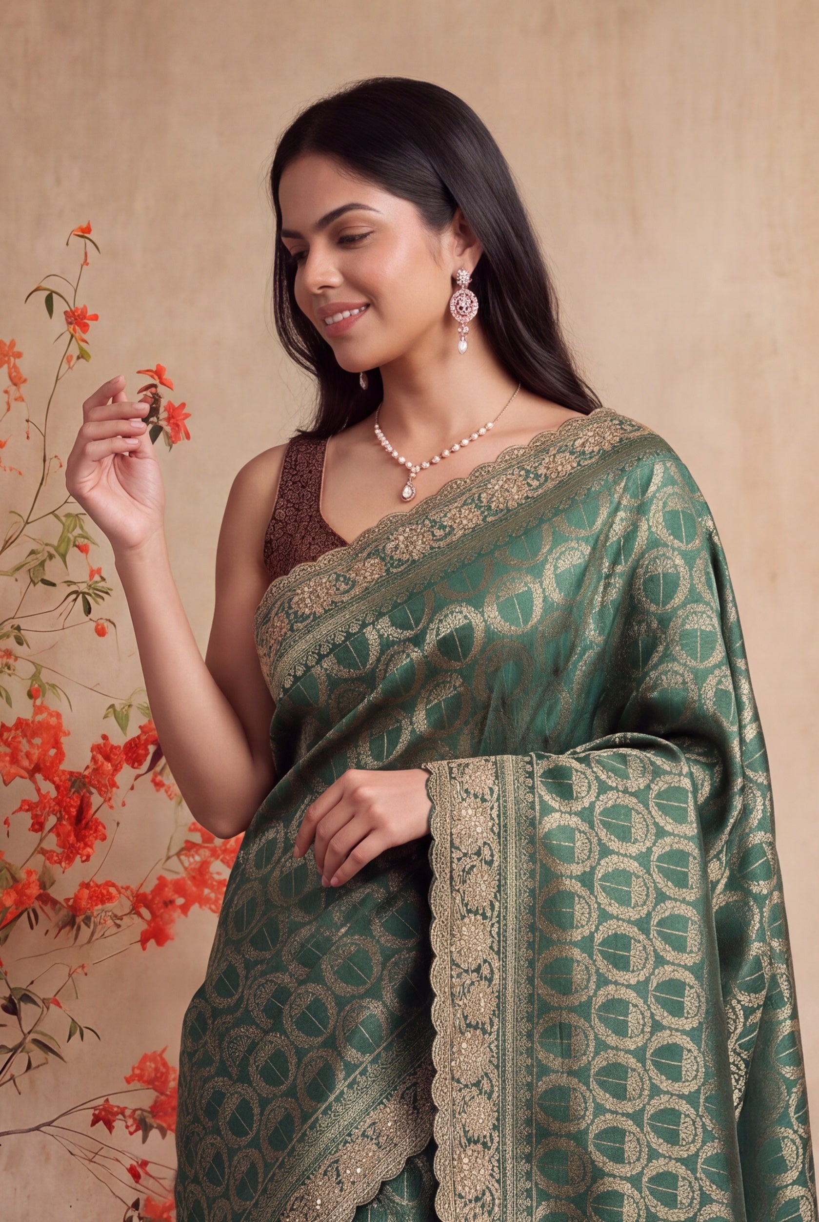 Dark Green Banarasi Saree with Zari & Zardozi Border