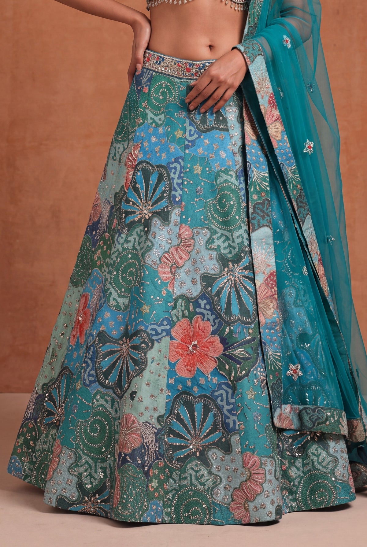 Teal Tissue Silk Floral Lehenga