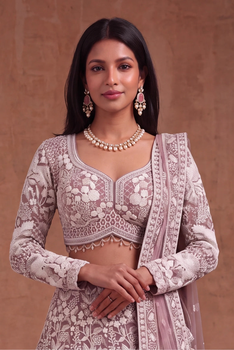 Dusty Mauve Net Lehenga