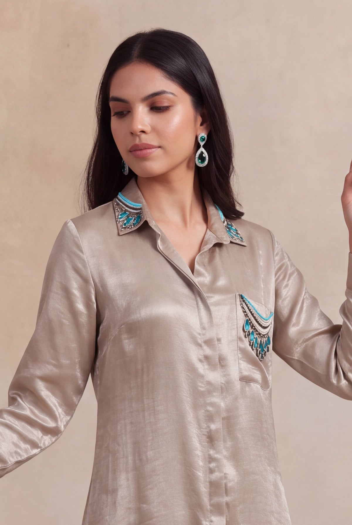 Champagne Shimmer High-Low Shirt Set