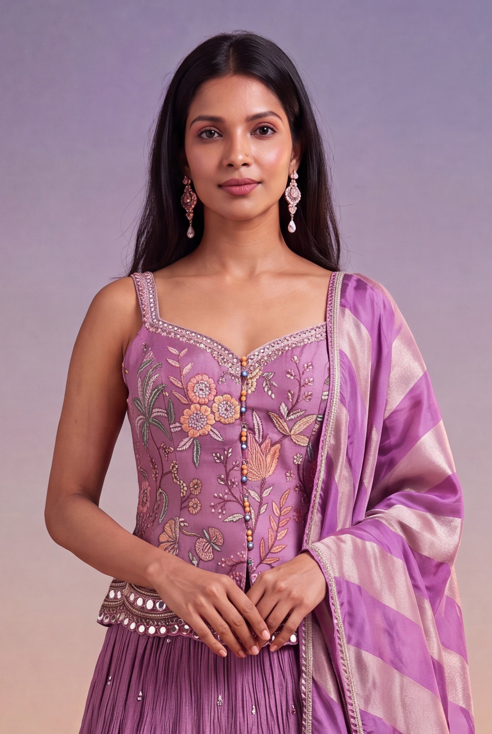 Mauve Crepe Lehenga with Floral Thread Embroidery & Mirror Work