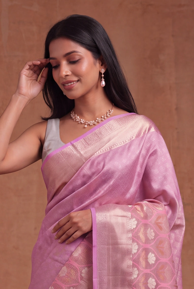 Lavender Pink Kanchivaram Silk Fusion Saree