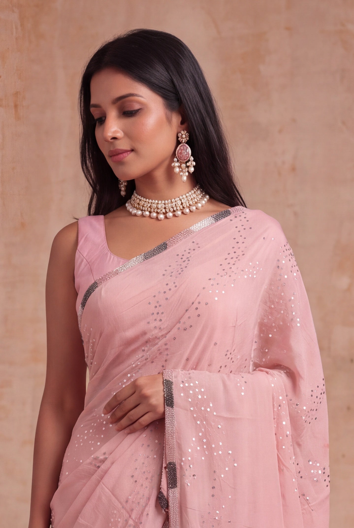 Pink Crush Crepe Saree with Sequin Work