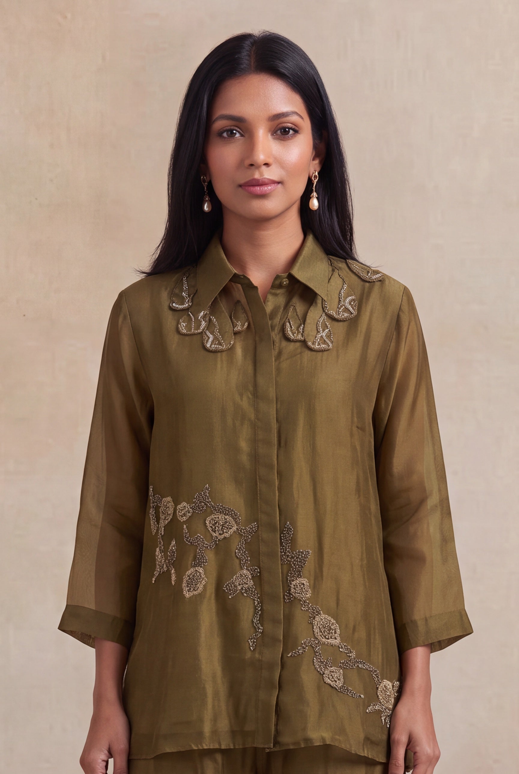 Olive Green Organza Embellished Co-ord Set