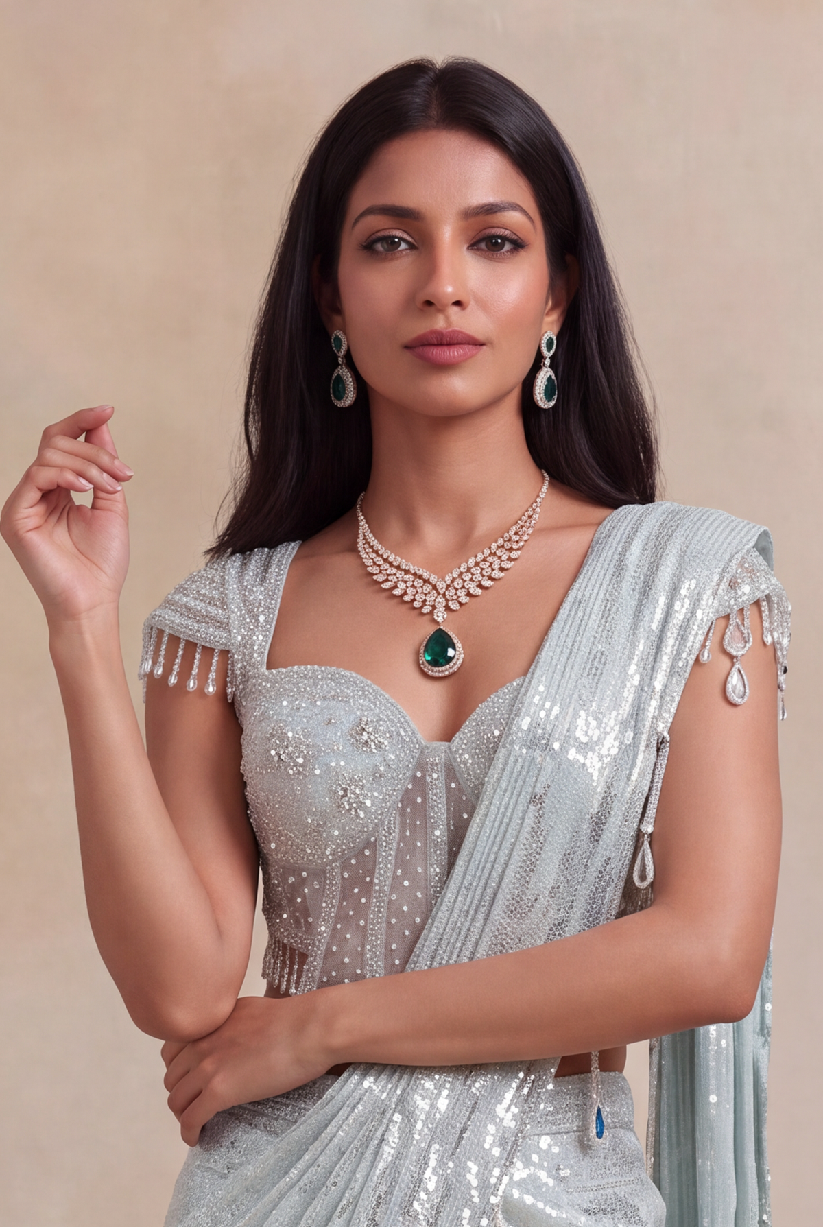 Ice Blue Net Drape Saree with Embellished Corset Blouse