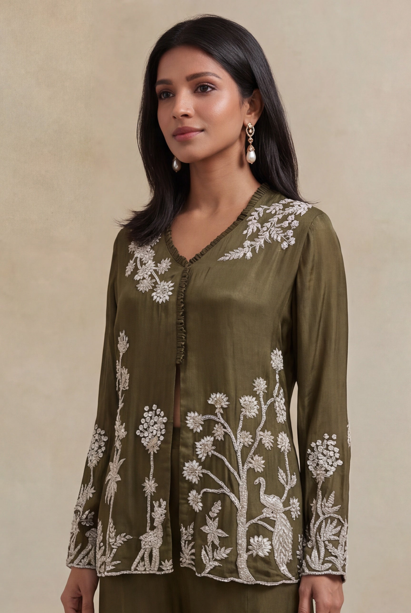 Olive Green Chinon Indo-Western Co-Ord Set