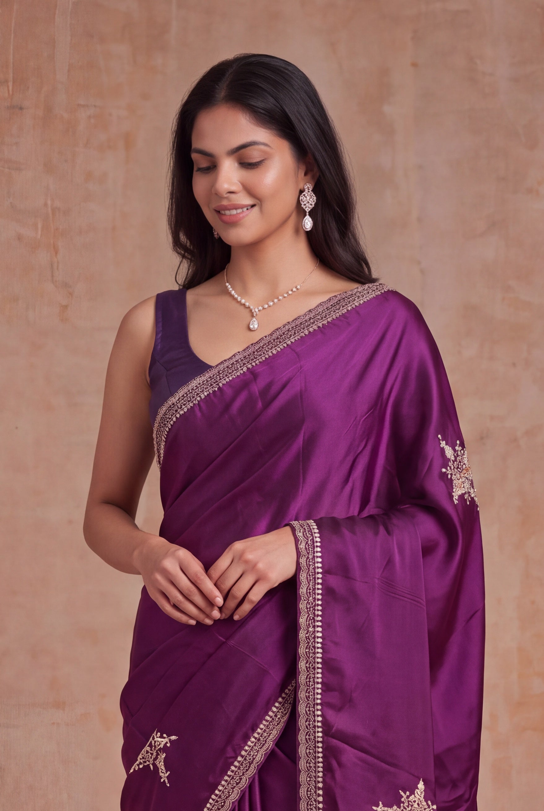 Wine Satin Zardozi Butta Saree