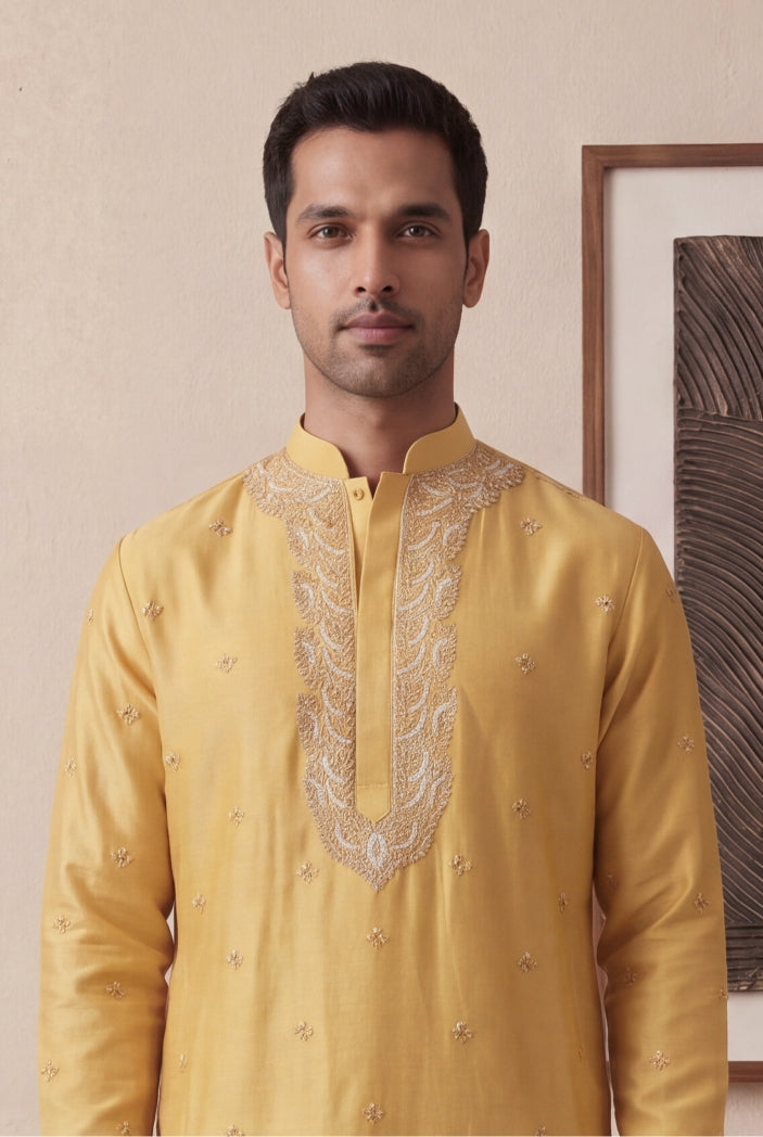 Yellow Raw Silk Embroidered Kurta Pant