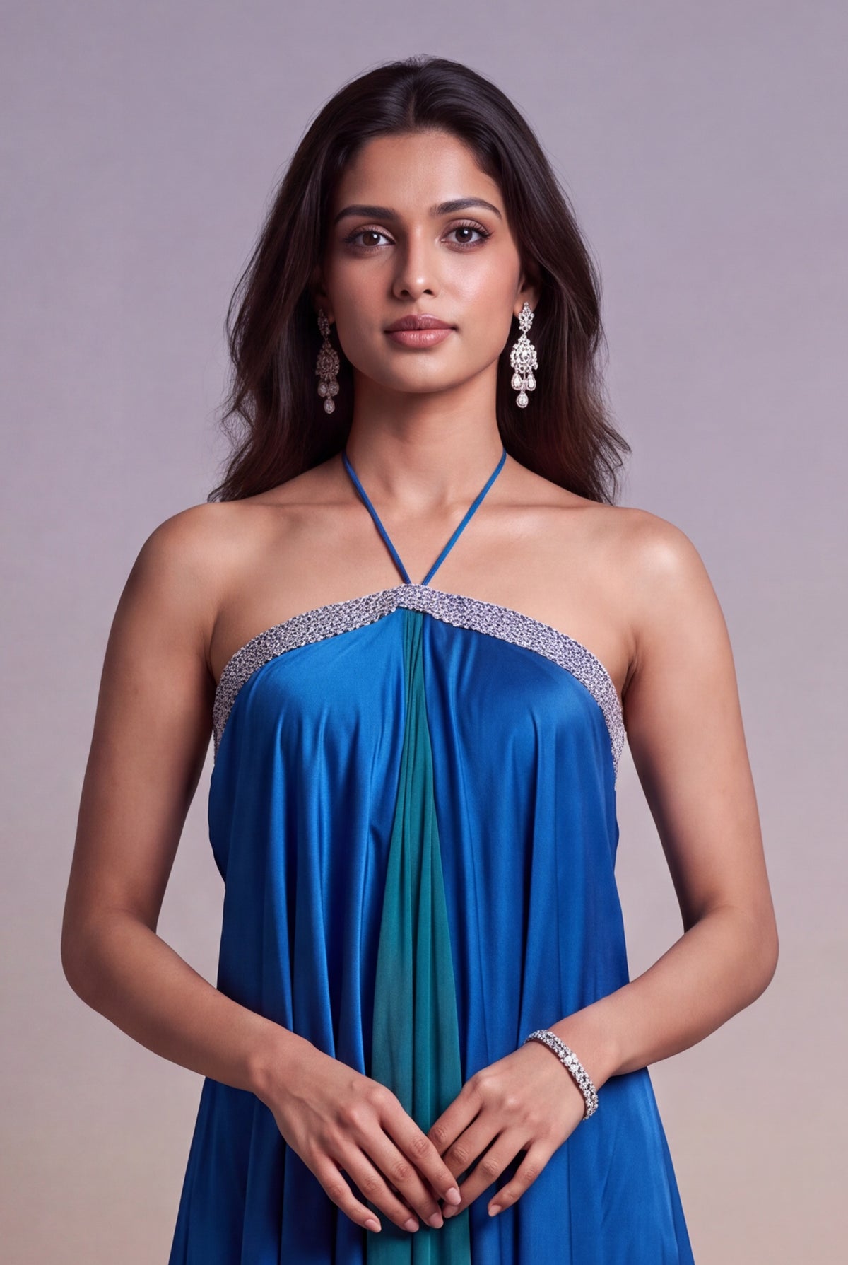 Blue & Teal Draped Halter-Neck Indo-Western Dress