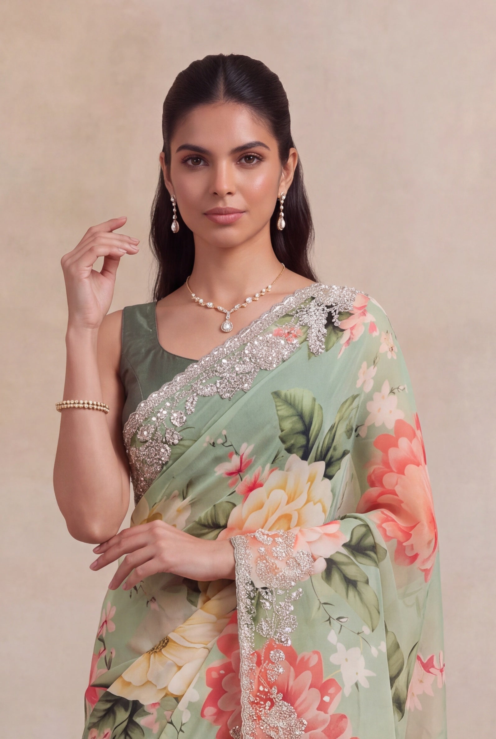 Pista Green Georgette Floral Print Saree