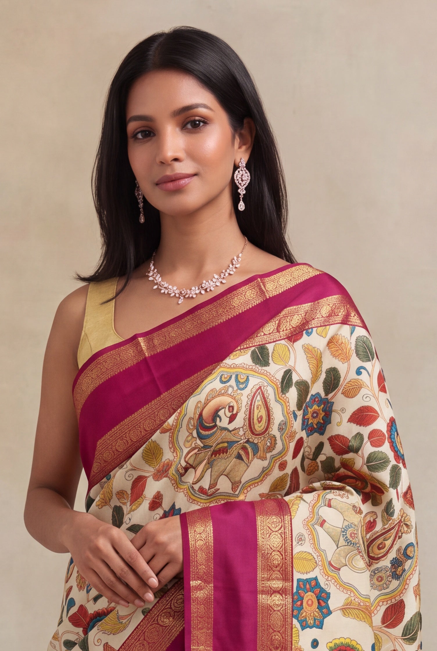 Beige Kalamkari Print Kanchivaram Silk Saree