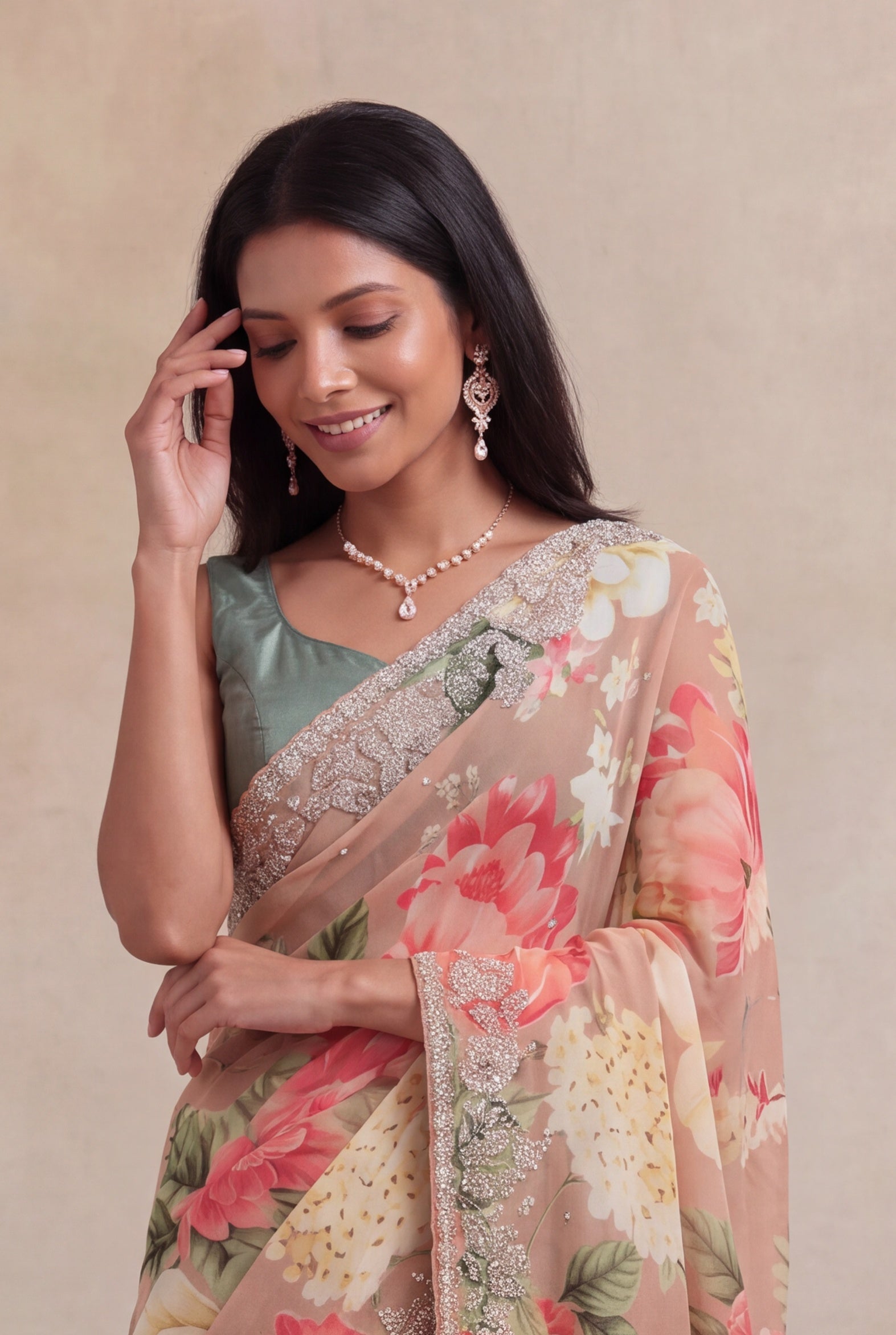 Peach Georgette Floral Print Saree