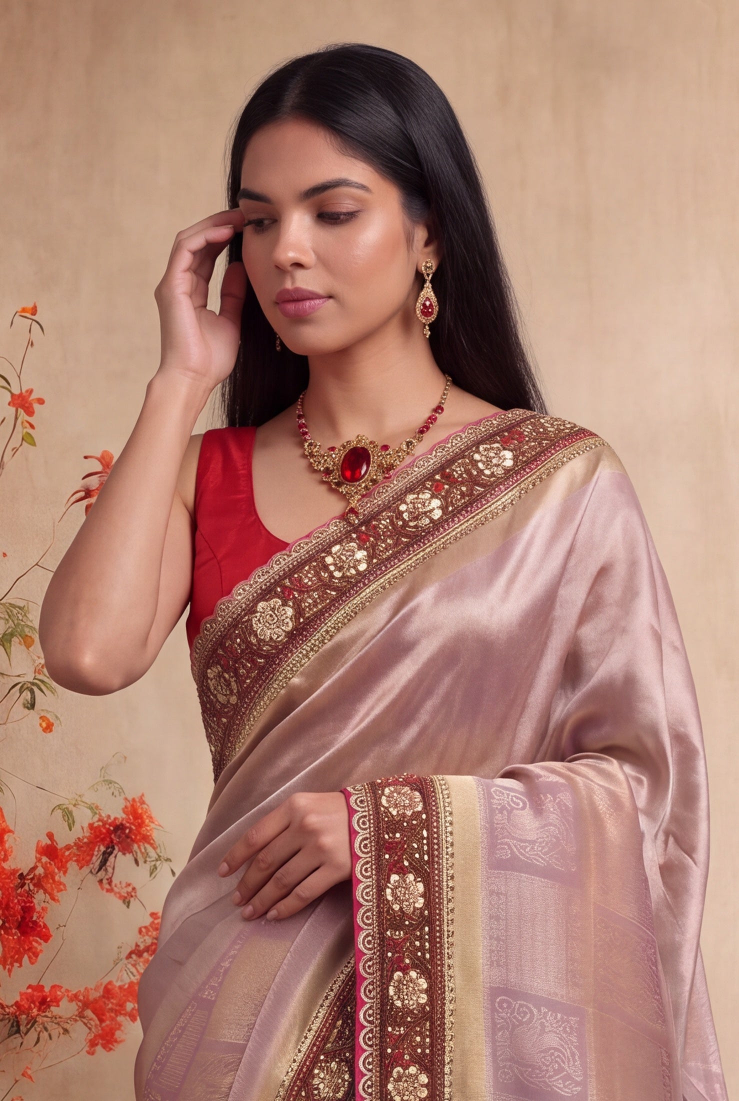 Mauve Pink Zardozi Scallop Border Saree
