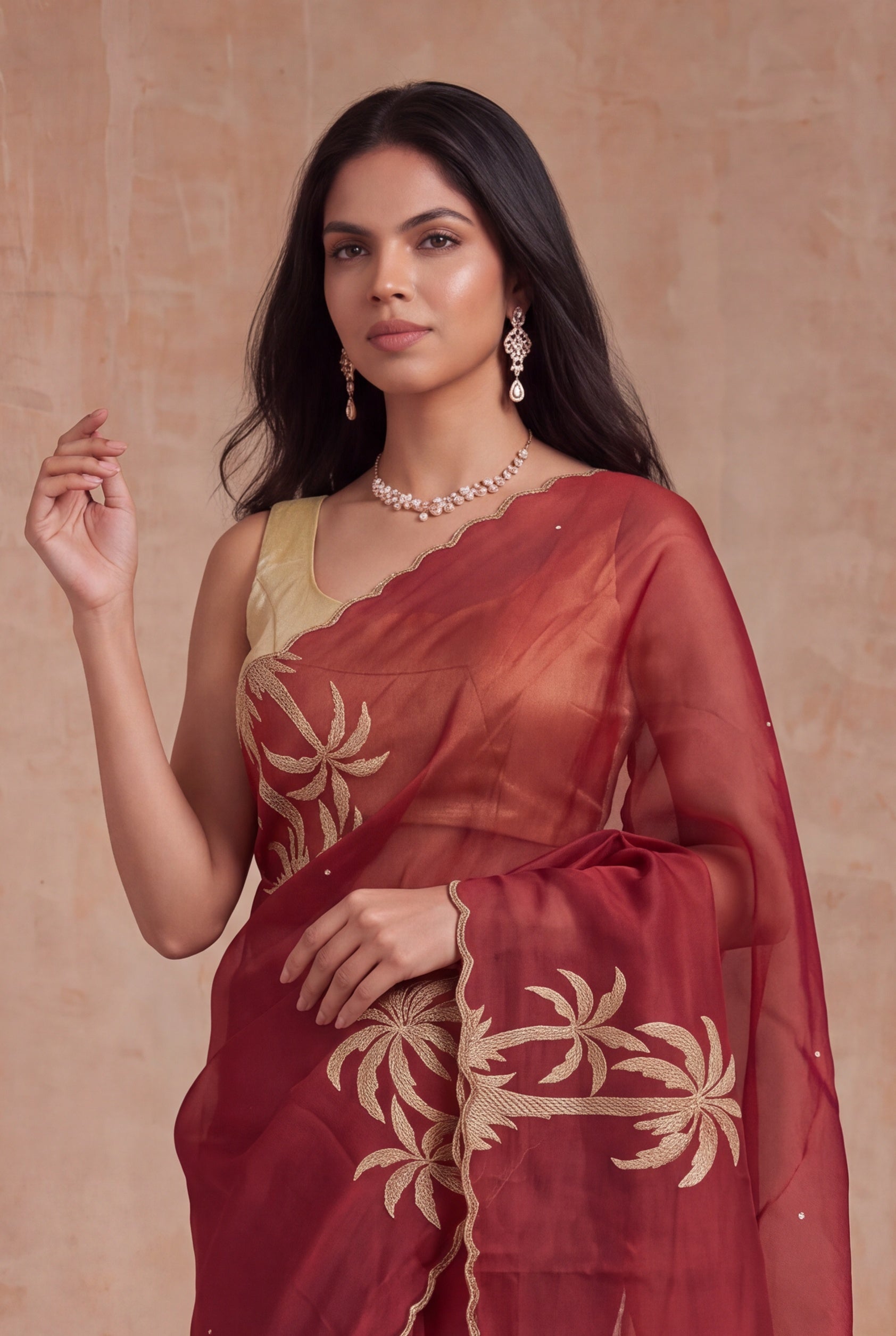 Dusty Rose Organza Saree with Gold Sequin Embroidery