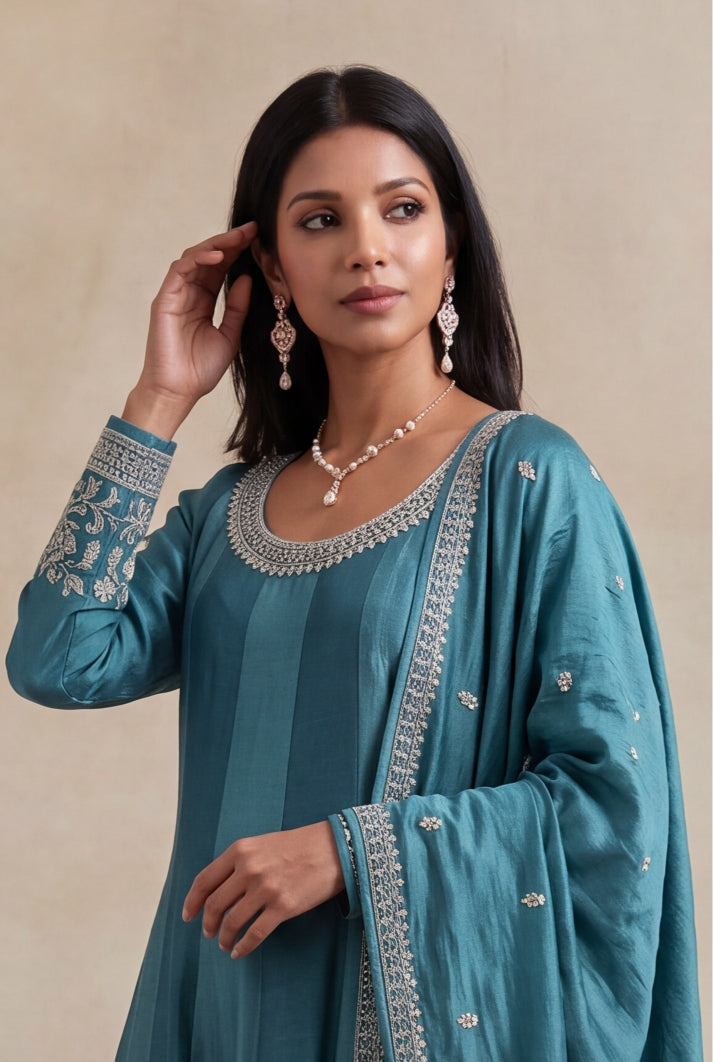 Teal Blue Raw Silk Anarkali Set