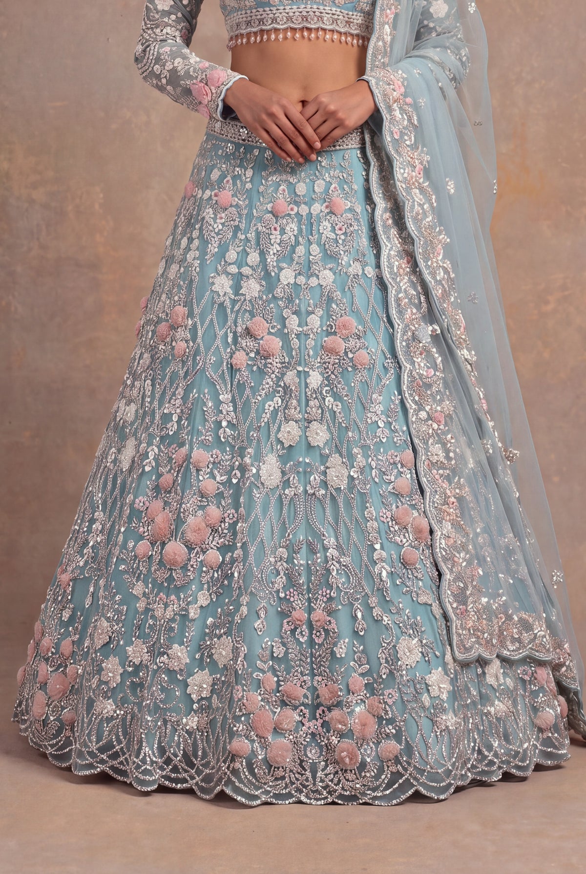 Sea Blue Net Lehenga Set with Sequin and Floral Applique Work