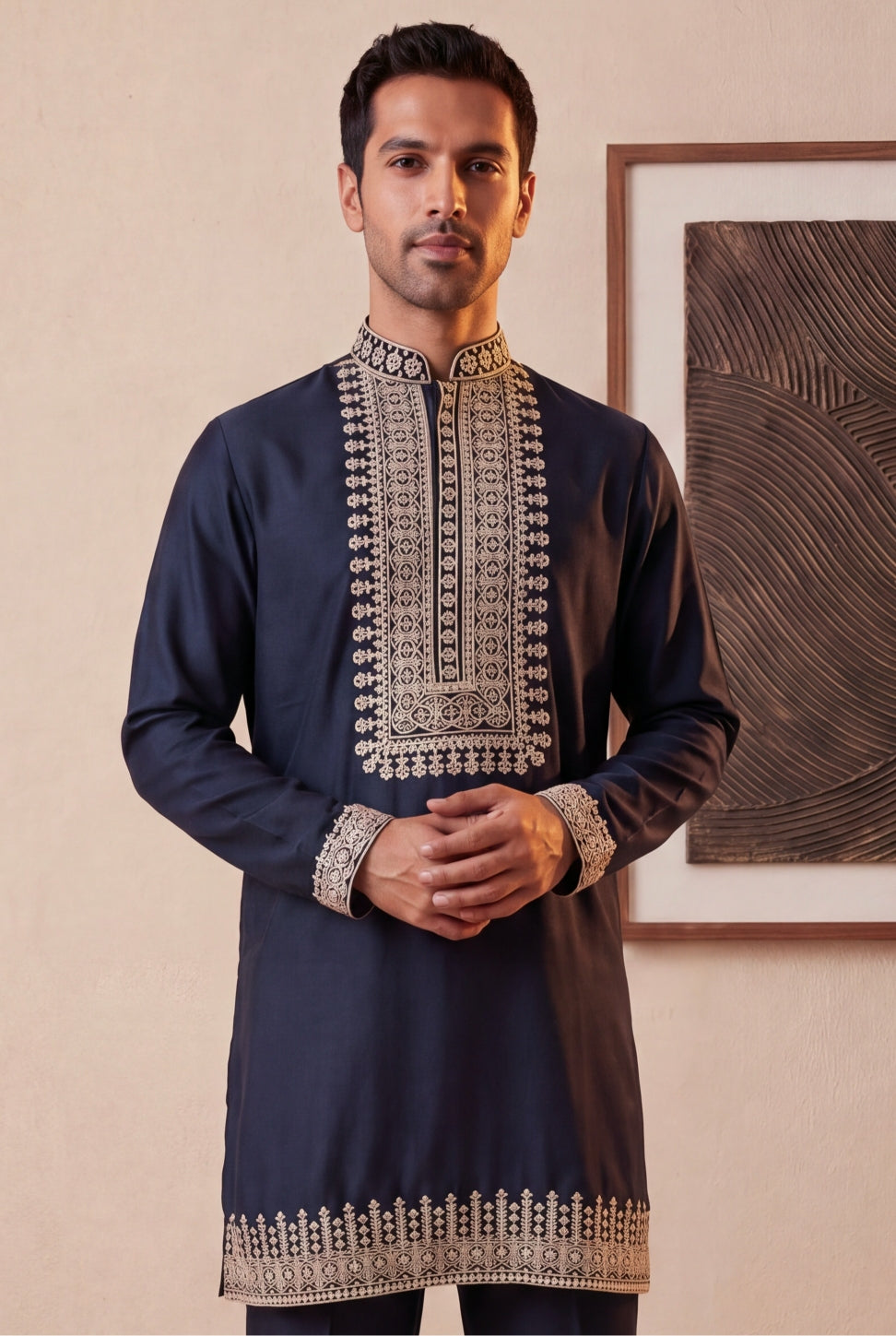 Navy Blue Embroidered Silk Kurta Set