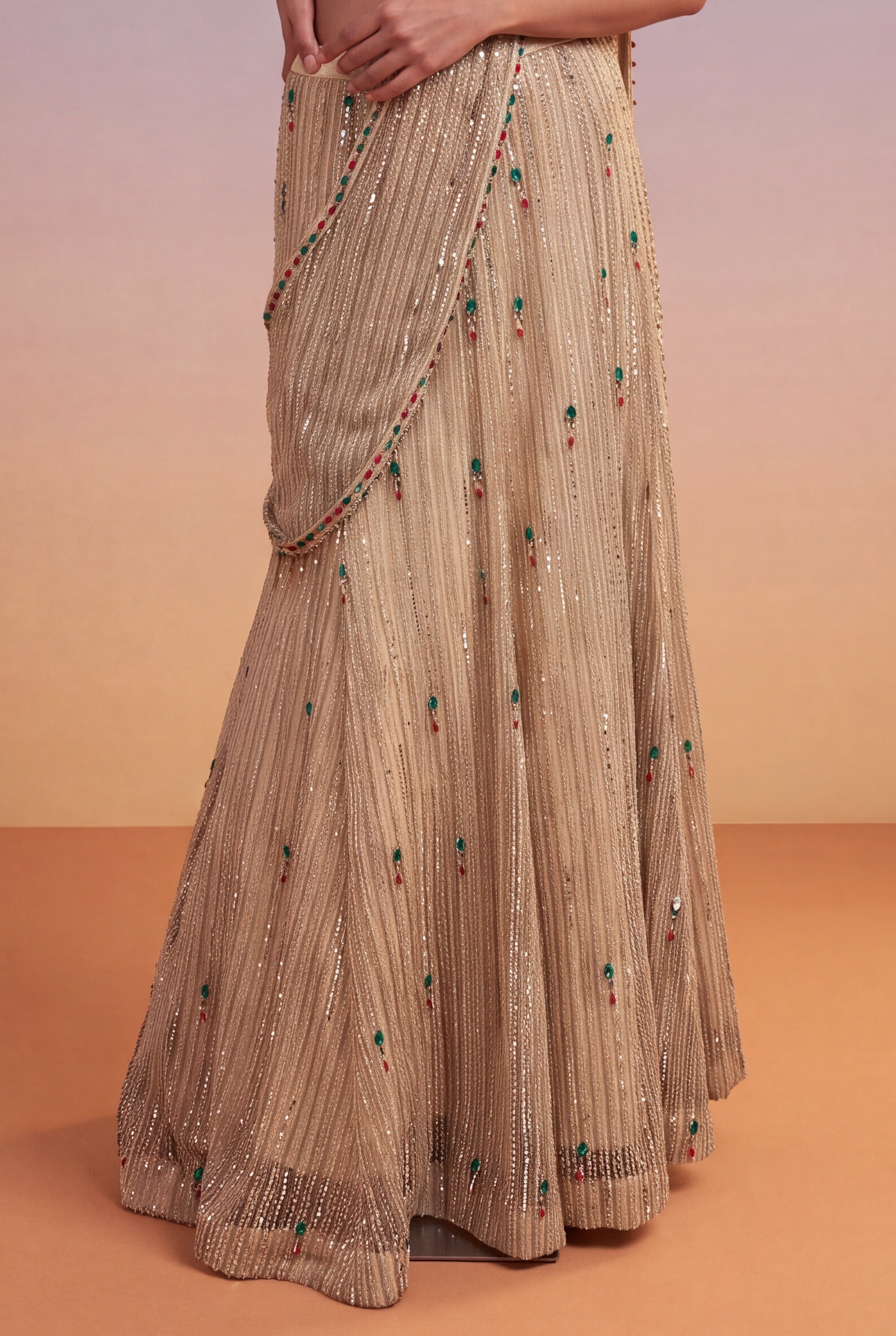 Gold Net Mermaid Lehenga with Jewel-Stone & Kutdana Embroidery