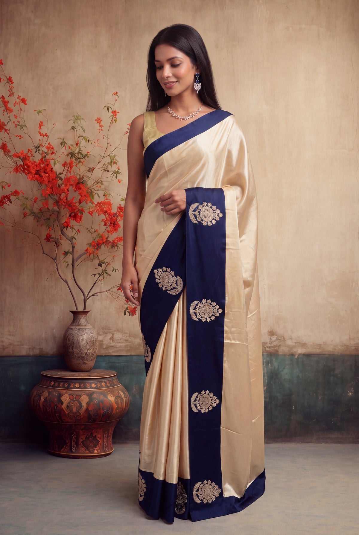Ivory Crepe Silk Saree