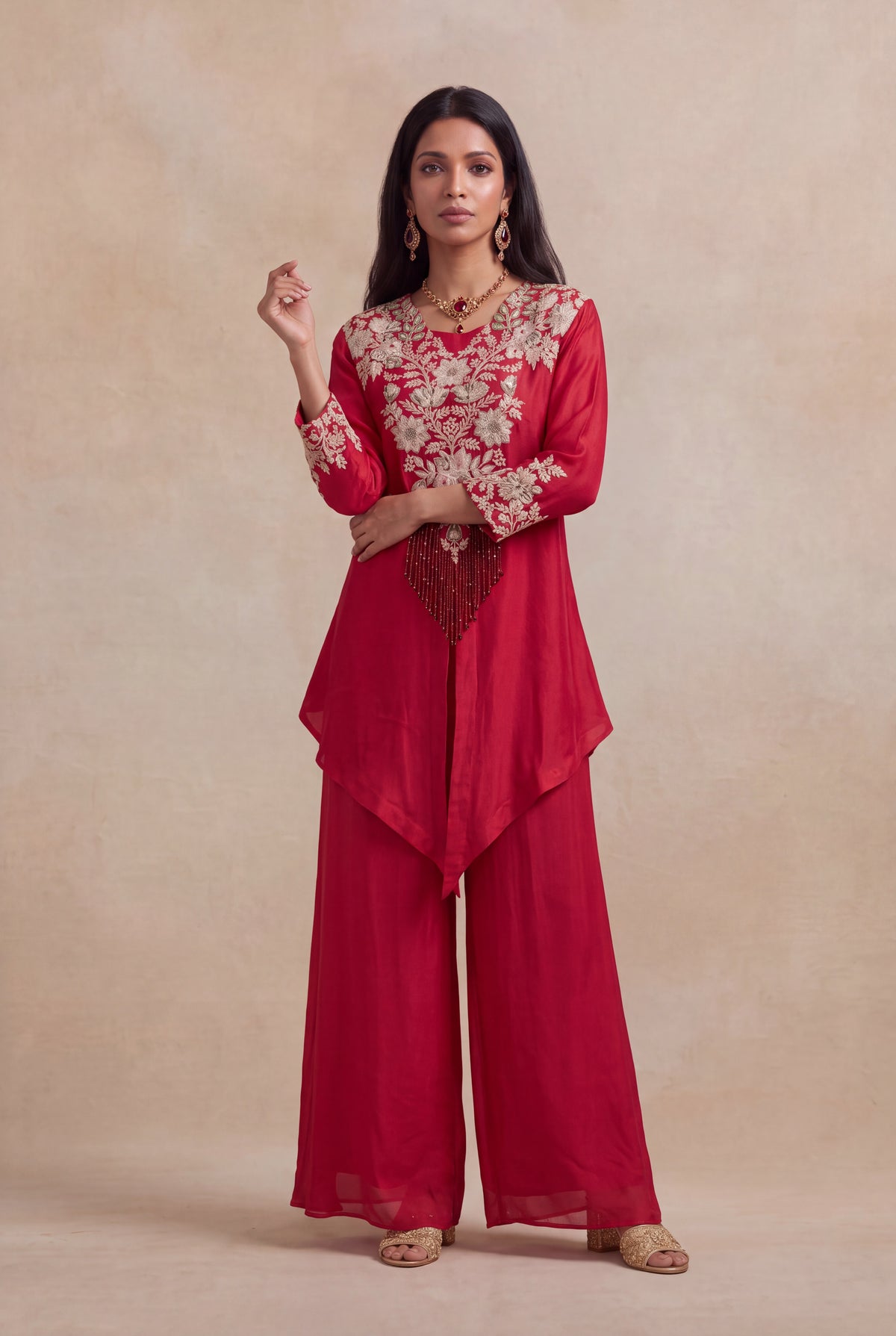 Red Raw Silk Zardosi Indo-Western Palazzo Set