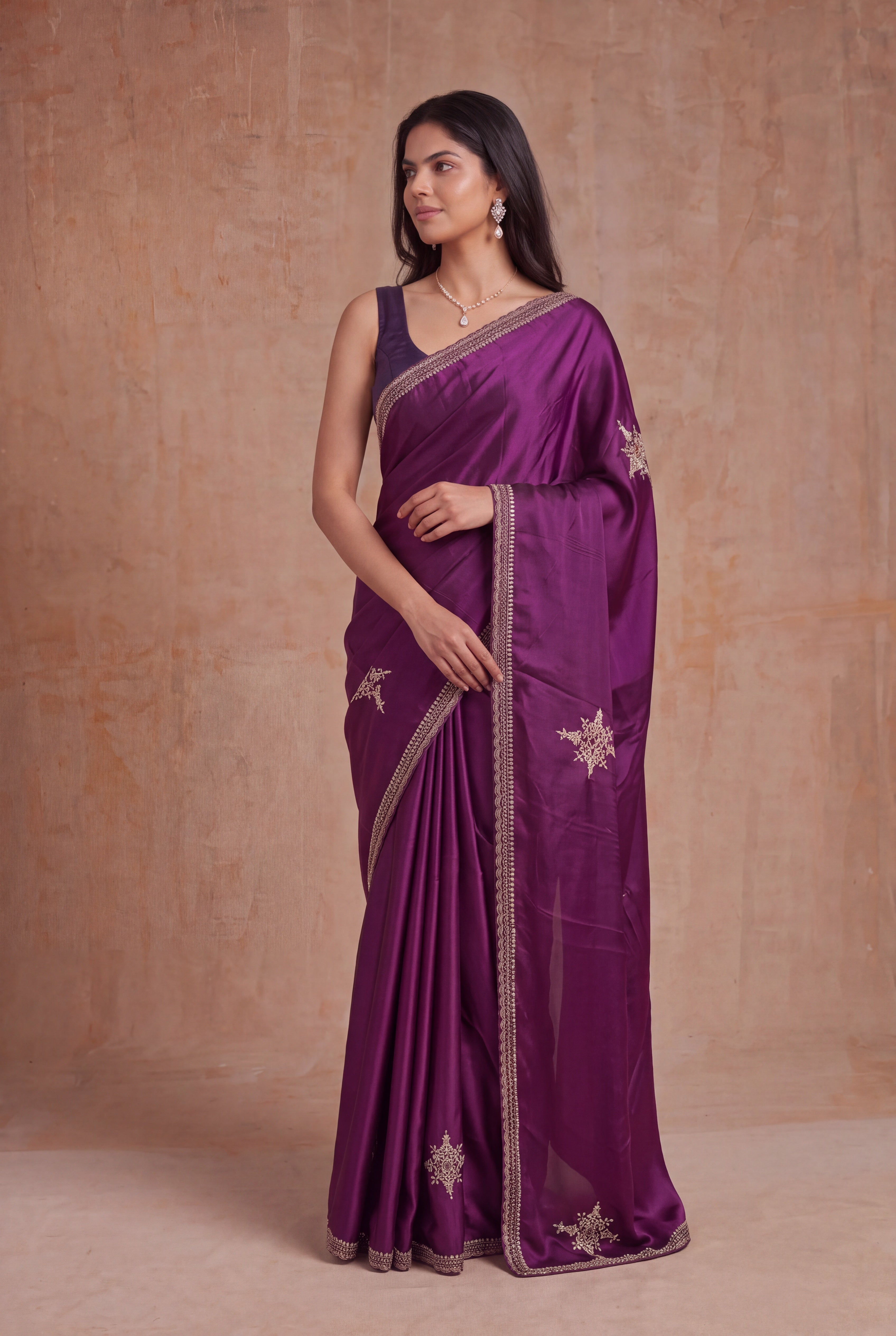 Wine Satin Zardozi Butta Saree