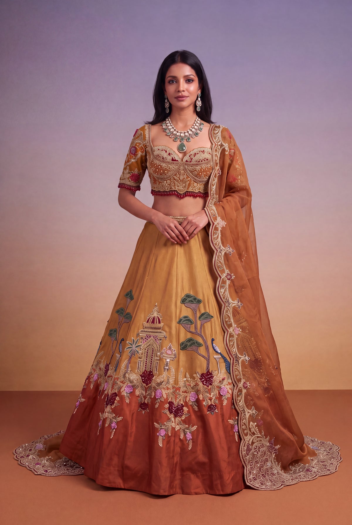 Mustard & Burnt Orange Tissue Lehenga