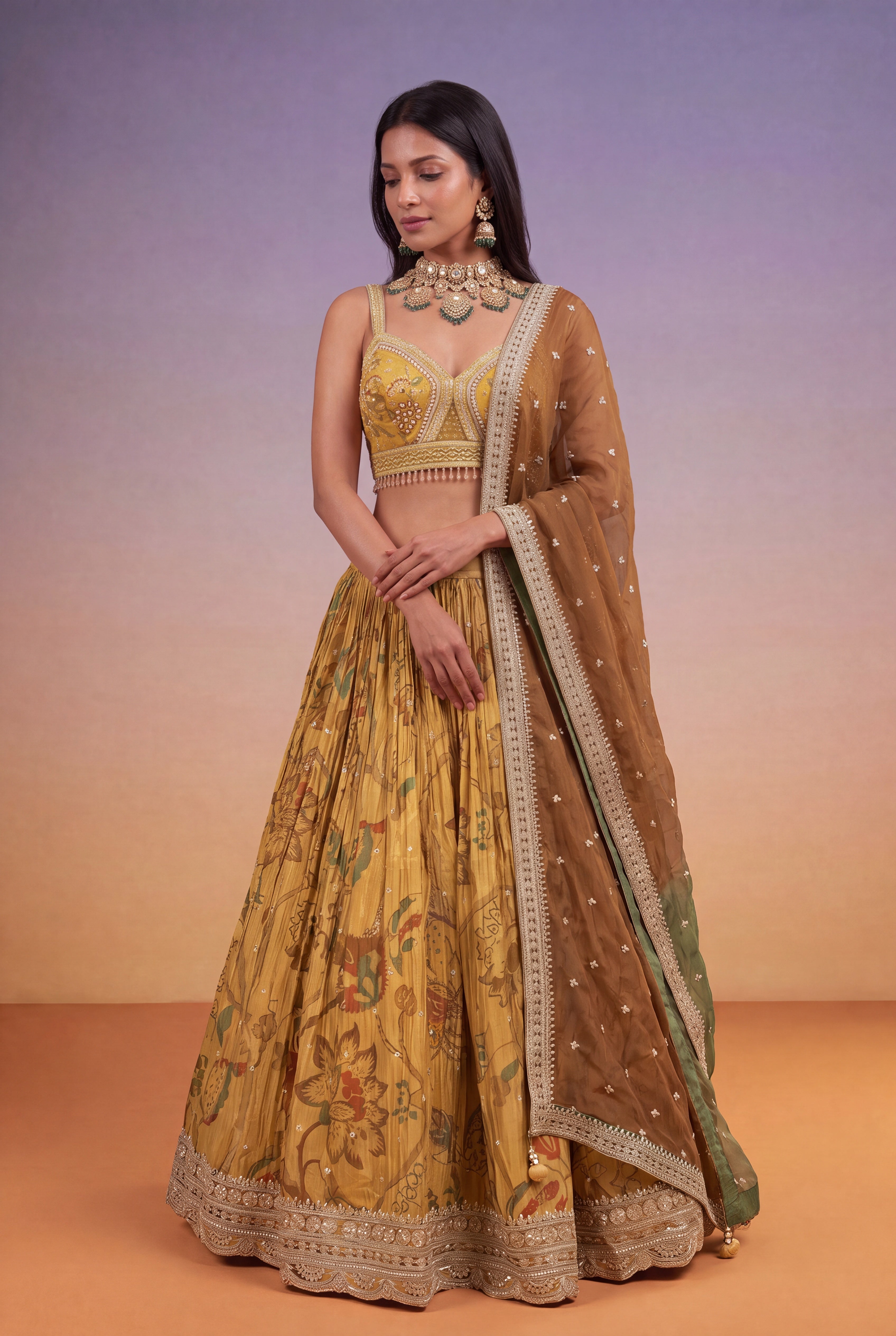 Mustard Gold Tissue Lehenga with Printed Florals & Zari Work
