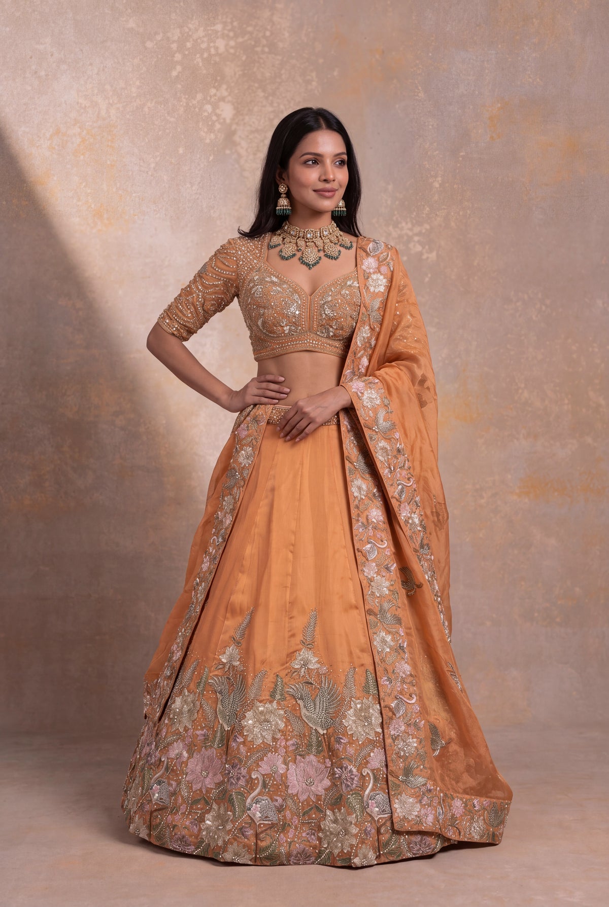 Light Orange Organza Tissue Floral Embroidered Lehenga